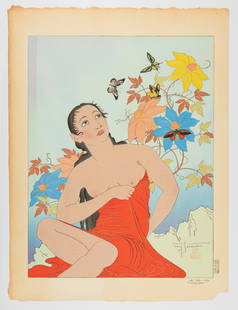 Paul Jacoulet, Les Papillons "Tropiques", Beauty Print: Artist: Paul Jacoulet (1896-1960)Title: Les Papillons "Tropiques"Publisher: SelfDate: 1939Size: 47.7 x 35.7 cmCondition: Discolouration on the front and back due to the previous mounting.Ref: JG072306