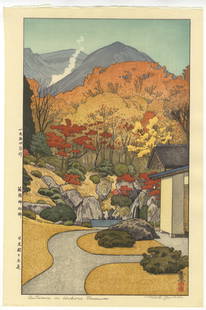 Toshi Yoshida, Autumn, Hakone Museum, Shin-Hanga: Artist: Toshi Yoshida (1911-1995)Title: Autumn in Hakone MuseumPublisher: Yoshida StudioDate: 1954Size: 40.7 x 27.2 cmCondition: Good for age. Pencil signatureRef: JG052524
