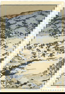 Toshi Yoshida, Snow Country, Jizuri, Shin-Hanga: Artist: Toshi Yoshida (1911-1995)Title: Snow CountryPublisher: Yoshida StudioDate: 1955Size: 39.9 x 27.6 cmCondition: Good for age. Pencil signatureRef: JG052523