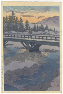 Shiro Kasamatsu, Twilight, Honami Hotspring, Landscape: Artist: Shiro Kasamatsu (1898-1991)Title: Twilight, Honami HotspringPublisher: KinjiroDate: 1948Size: 39.3 x 26.2 cmCondition: Good for age.Ref: JG0525U44