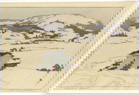 Hiroshi Yoshida, Winter in Taguchi, Snow, Shin-Hanga: Artist: Hiroshi Yoshida (1876-1950)Title: Winter in TaguchiPublisher: Yoshida StudioDate: 20th century (originally printed in 1927)Printed signatureSize: 27.1 x 40.4 cmCondition: Slightly faded, regis