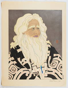 Paul Jacoulet, Old Ainu Man, Chikabumi, Hokkaido: Artist: Paul Jacoulet (1902-1960)Title: Old Ainu Man, Chikabumi, HokkaidoDate: 1950Size: 47.6 x 36.3 cmCondition: Covered registration mark on bottom.Ref: JG102313