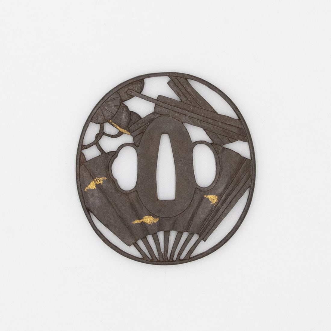 19th-century Tsuba, Fans Design, Japanese Antique: 19th century Tsuba with design of FansSize: 7.1 x 7.6 x 0.4 cm, (C) 2.6 x 0.6 cmCondition: Good for age, some gilt wear.Ref: JG072502