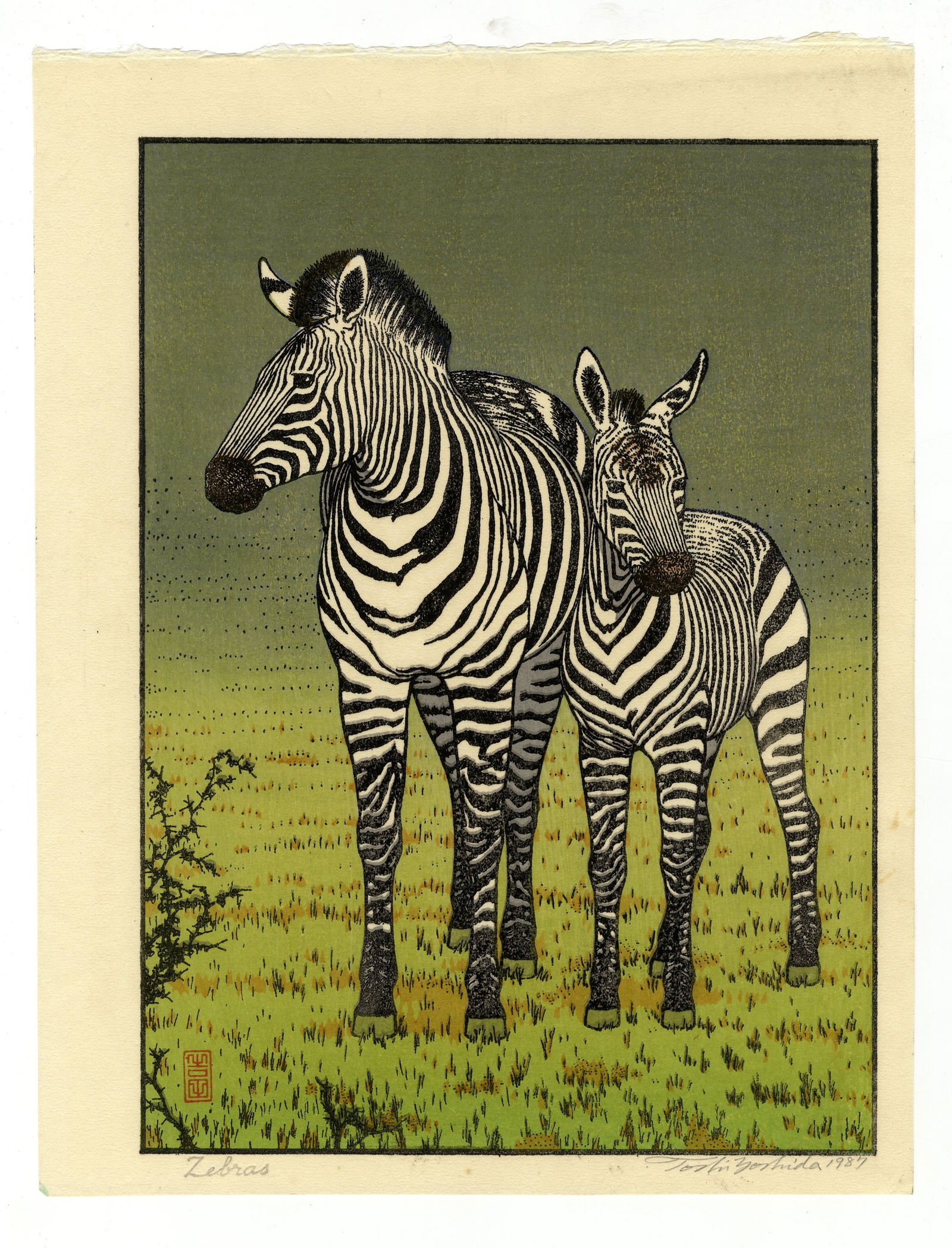 Toshi Yoshida, Zebras, Pencil Signature, Shin-Hanga *: Artist: Toshi Yoshida (1911-1995)Title: ZebrasPublisher: SelfDate: c.1970sSize: 29.7 x 22.9cmCondition: Pencil signature. Light spots at bottom.Ref: JGHA112509* Please see section D.2 of terms and con