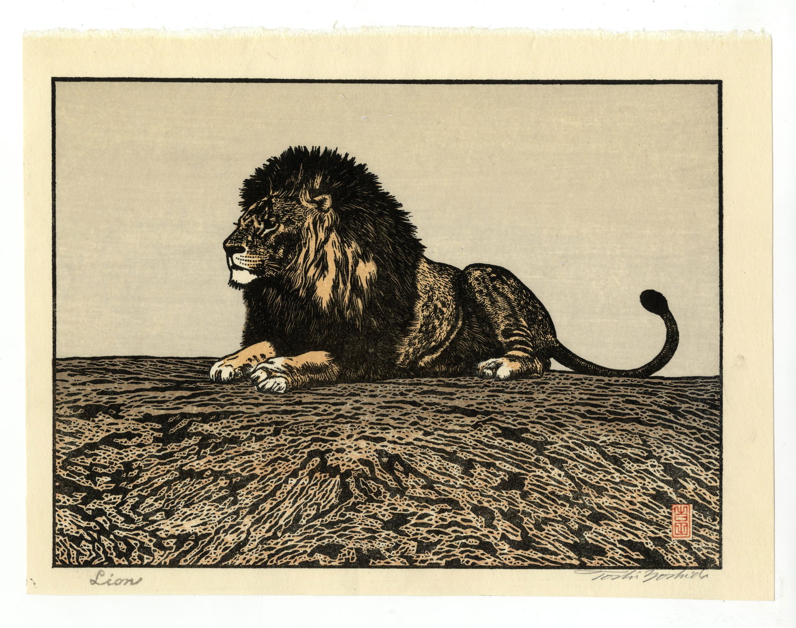 Toshi Yoshida, Lion, Pencil Signature, Shin-Hanga *: Artist: Toshi Yoshida (1911-1995)Title: LionPublisher: SelfDate: 1974Size: 29.1 x 22.3 cmCondition: Pencil signature.Ref: JGHA112510* Please see section D.2 of terms and conditions