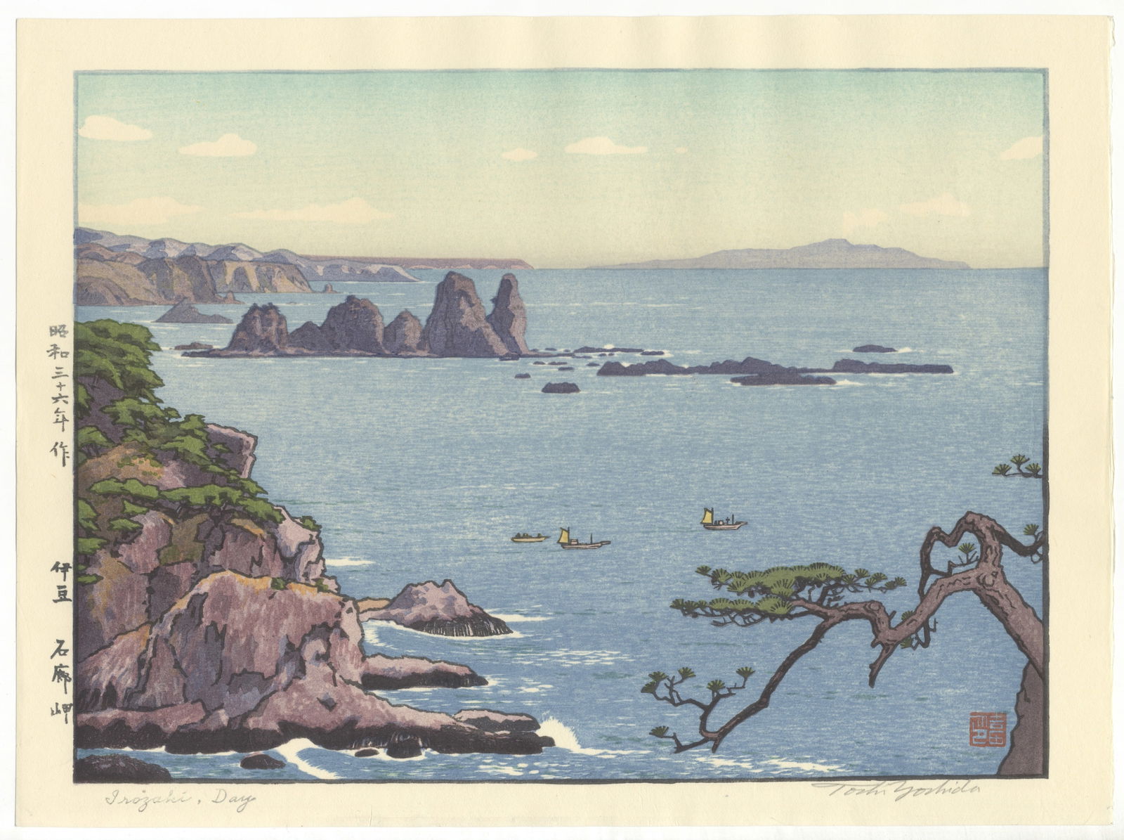 Toshi Yoshida, Irozaki Day, Pencil Signed, Landscape: Artist: Toshi Yoshida (1911-1995)Title: Irozaki DayPublisher: SelfDate: 1961Size: 28.0 x 37.8 cmCondition: Good for age. Pencil signature.Ref: JG072512