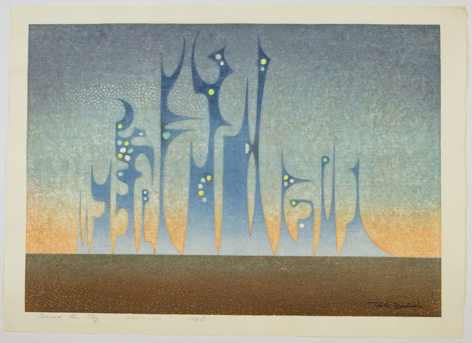 Toshi Yoshida, Toward the Sky A/P, Sosaku-Hanga: Artist: Toshi Yoshida (1911-1995)Title: Toward the SkyPublisher: Yoshida StudioDate: 1965Size: 45.7 x 63.4 cmCondition: A/P. Good for age.Ref: JG062501