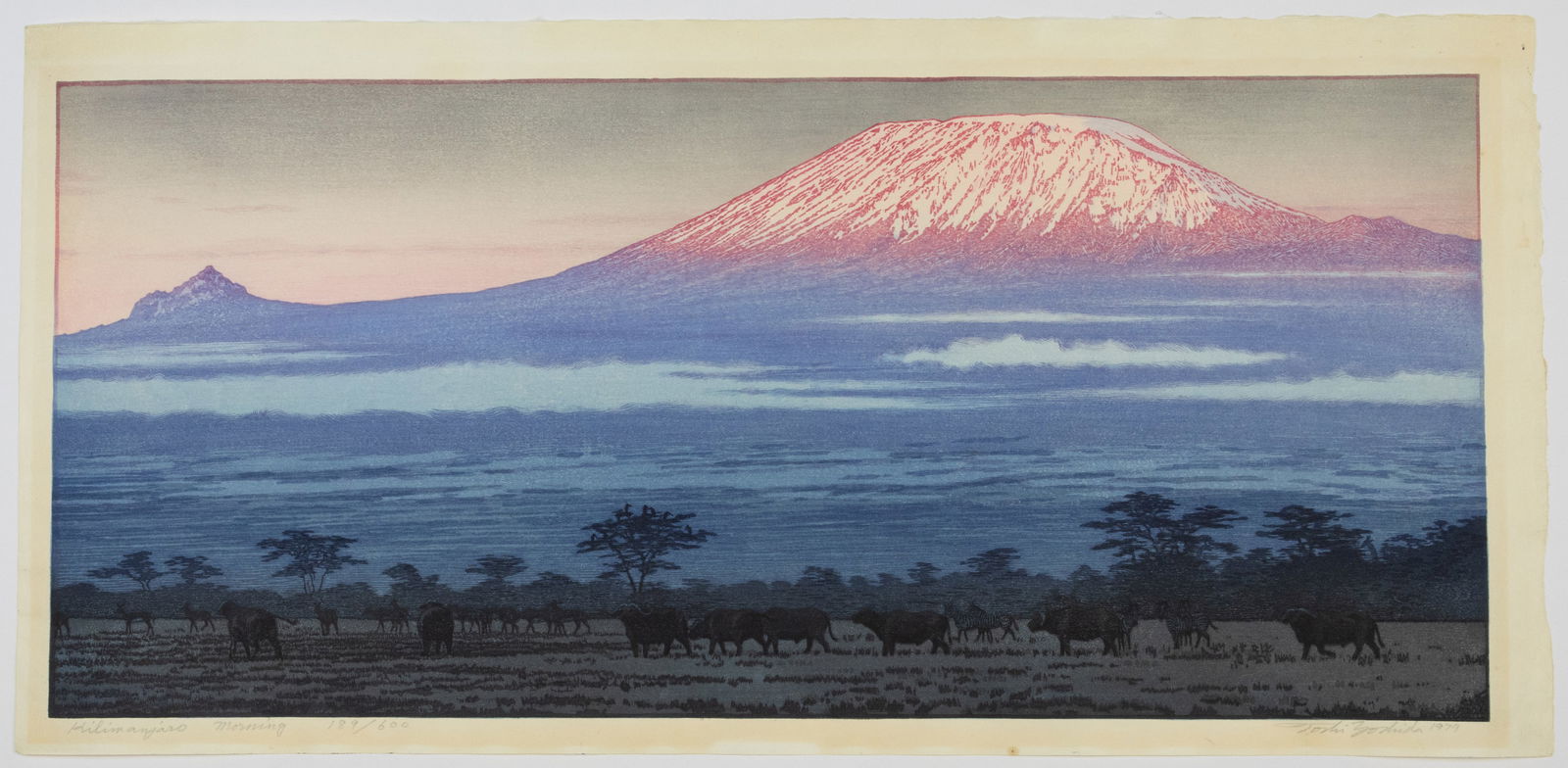 Toshi Yoshida, Kilimanjaro, Morning, Pencil Signature: Artist: Toshi Yoshida (1911-1995)Title: Kilimanjaro, Morning, edition no 189/600Publisher: Yoshida StudioDate: 1977Size: 31.1 x 64.4 cmCondition: Pencil signature, mount mark, stain on the bottom marg