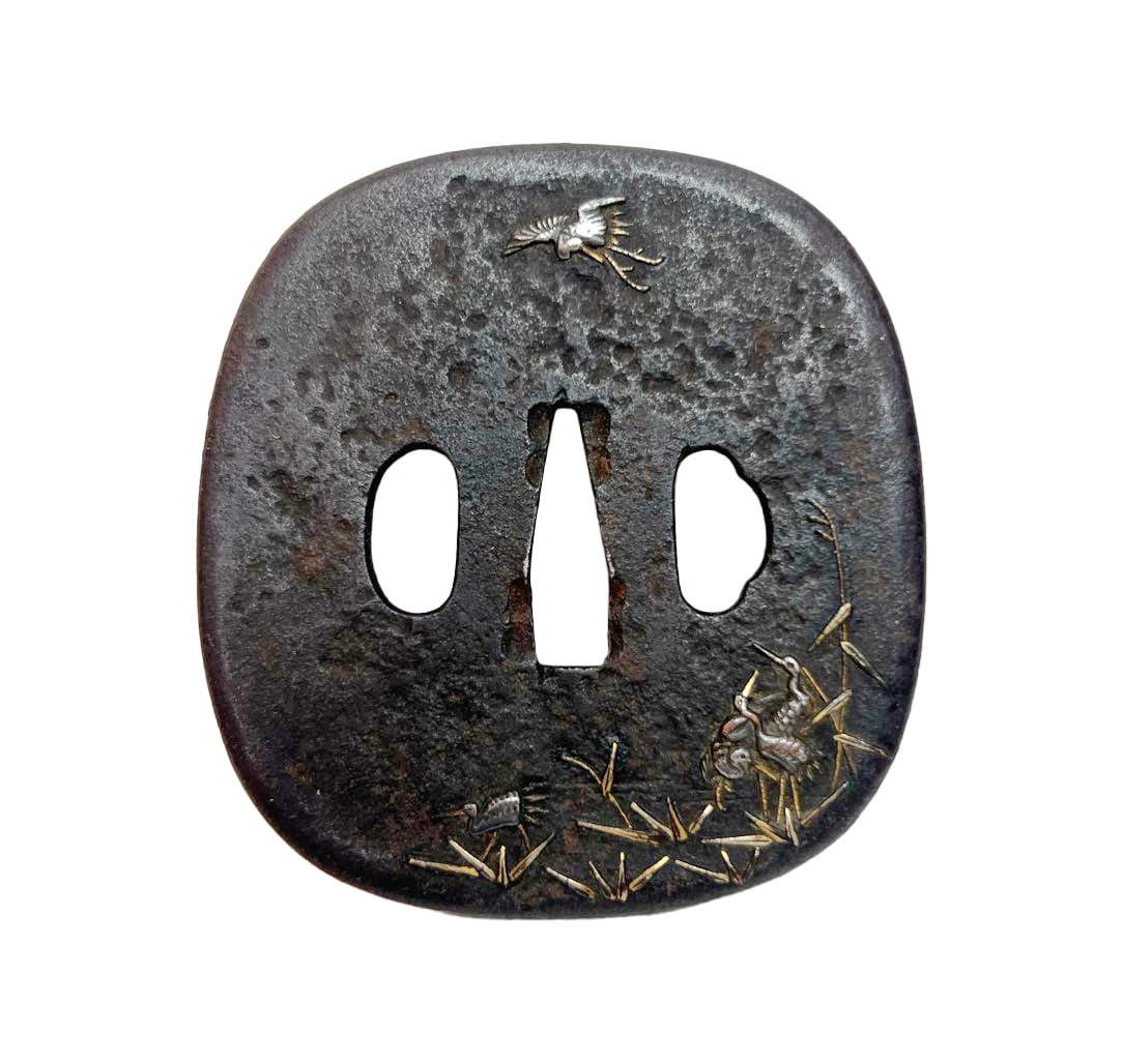 Iron Tsuba, Cranes in a River Design, Metalwork, 19th-Century (1 of 2)