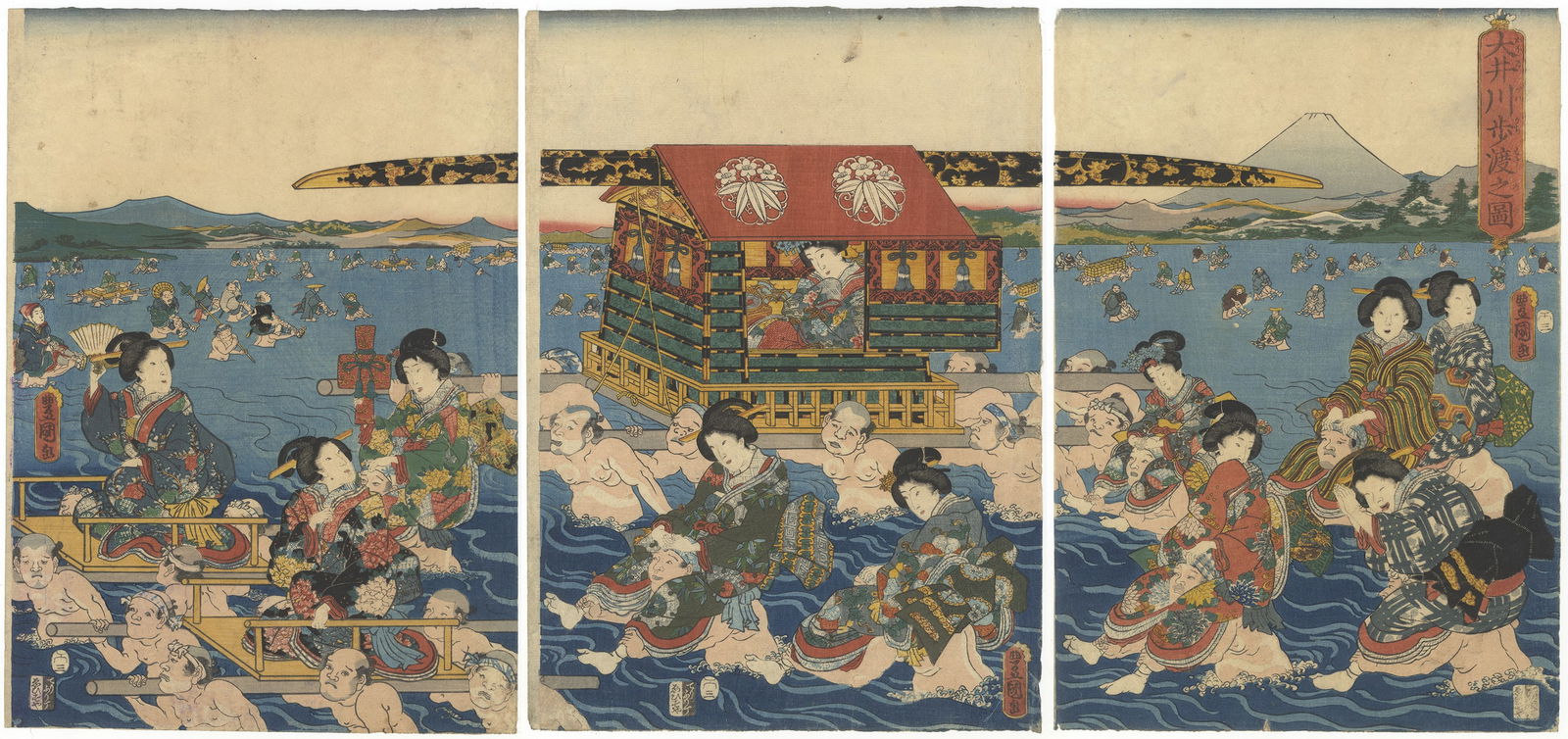 Toyokuni III, Crossing Oi River, Mt Fuji, Edo Period Bijin-ga: Artist: Toyokuni III Utagawa (1786-1865) Title: Crossing Oi River Publisher: Ebisuya Shoshichi Date: 1858 Size: (L) 36.3 x 25.9, (C) 36.5 x 26.0, (R) 36.5 x 25.6 cm Condition: Light margin wear with s