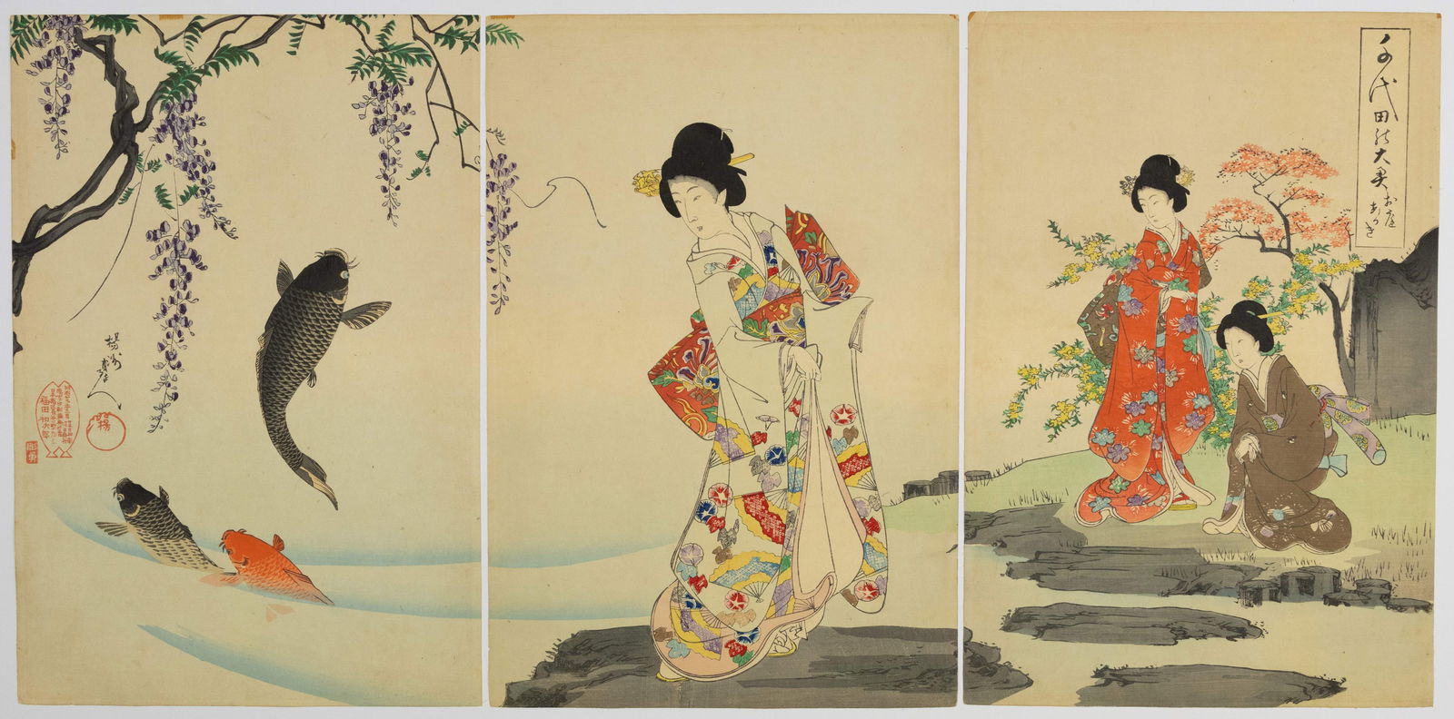 Chikanobu, Palace of Chiyoda, Carp and Wisteria, Ukiyo-e (1 of 2)
