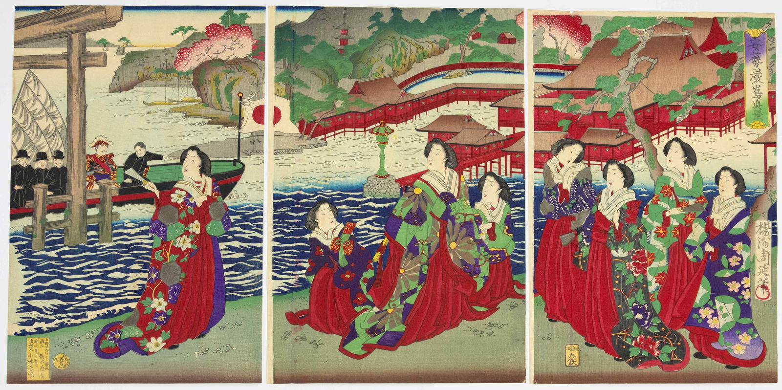 Chikanobu, Ladies Visiting Itsukushima, Antique Bijin-ga Print: Artist: Chikanobu Yoshu (1838-1912) Title: Ladies Visiting Itsukushima in Aki Province Publisher: Kobayashi Tetsujiro Date: 1880 Size: (L) 35.7 x 23.9, (C) 35.7 x 24.5, (R) 35.7 x 23.9 cm Condition: V