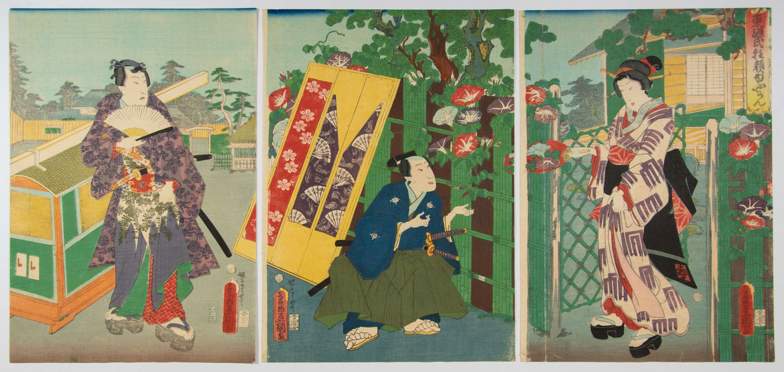 Toyokuni III, Asagao Flowers, Genji-e, Antique Print (1 of 2)