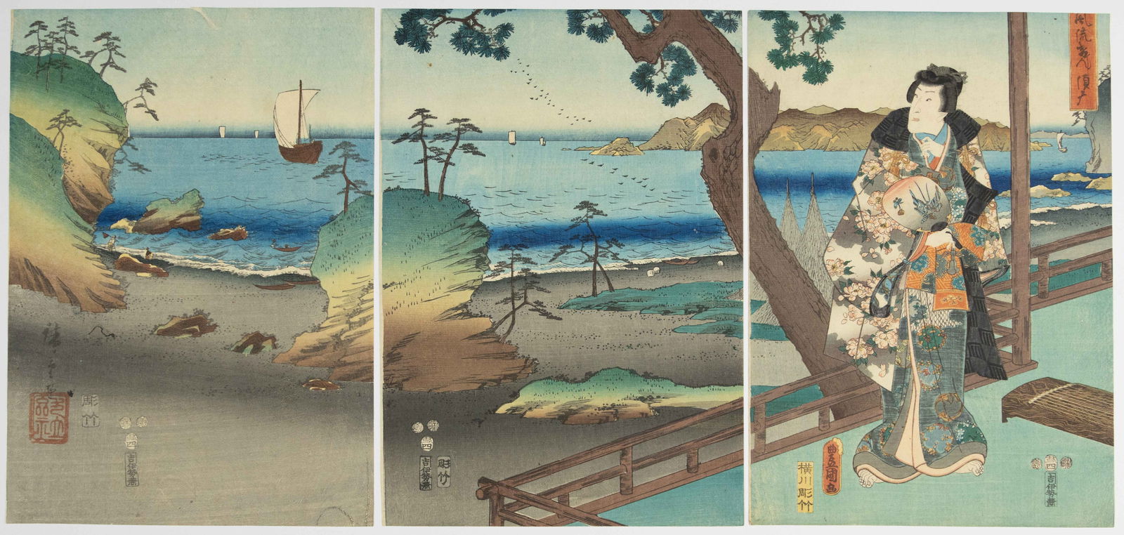 Hiroshige I, Toyokuni III, Fashionable Genji at Suma (1 of 2)