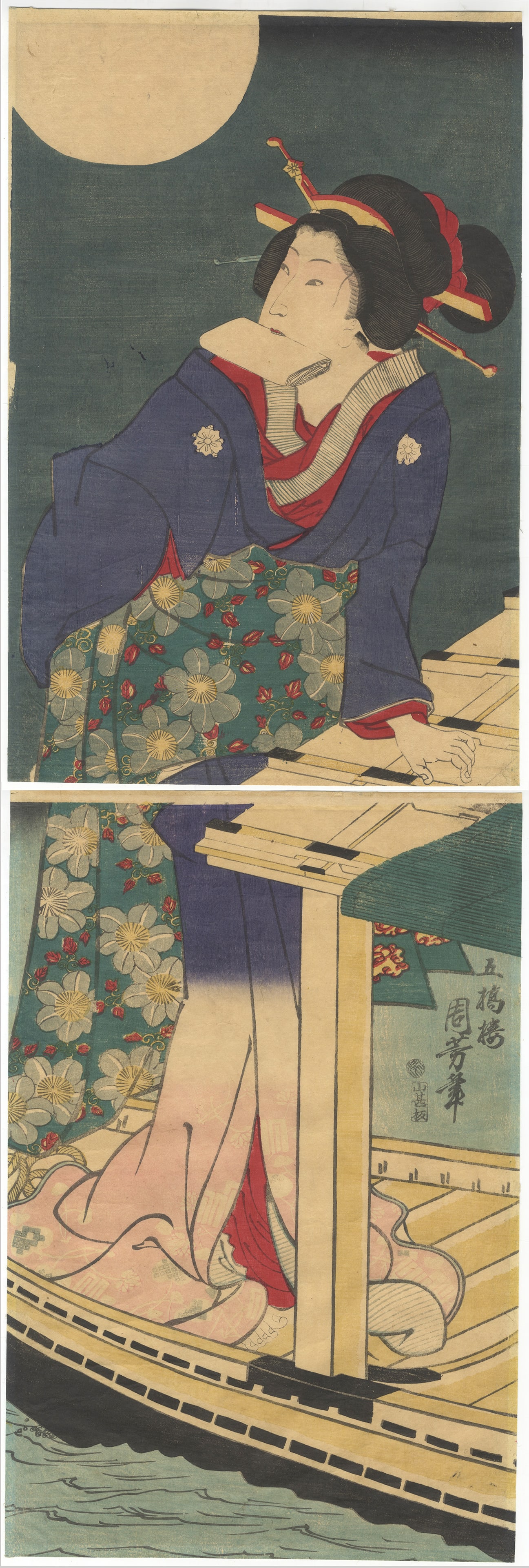 Chikayoshi, Kakemono-e Print, Edo, Beauty on a Pleasure Boat *: Artist: Chikayoshi Gokyoro (act. 1860s) Title: Beauty on a Boat in Moonlight Publisher: Yamashiroya Jinbei Date: 1871 Size: (T) 36.3 x 24.2, (B) 36.1 x 24.1 cm Condition: Light creases and mount marks