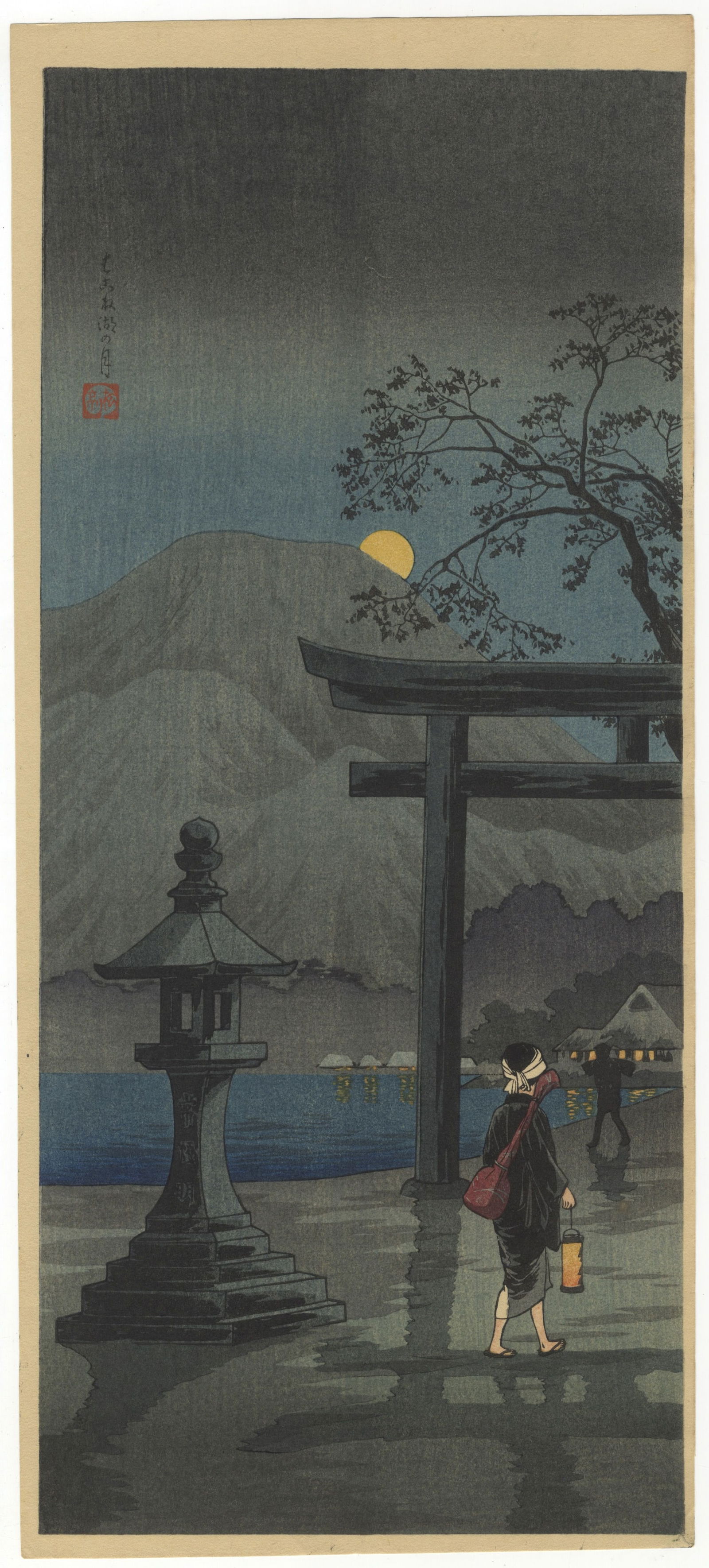 Shotei Takahashi, Moon at Hakone Lake, Torii Gate: Artist: Shotei Takahashi (1871-1945) Title: Moon at Hakone Lake Date: c.1930s Size: 39.2 x 17.5 cm Condition: Good for age. Ref: JG0725NL06