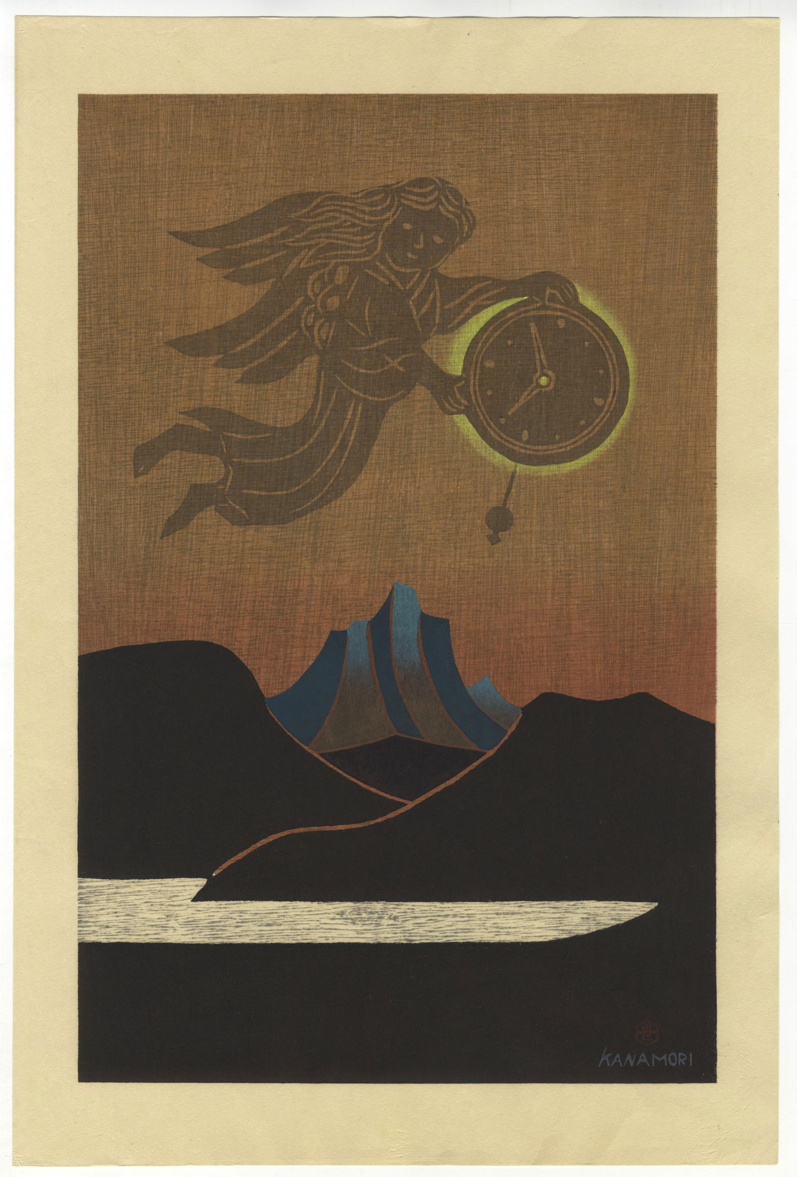 Yoshio Kanamori, Koyama Clock God, Sosaku-Hanga: Artist: Yoshio Kanamori (1922 - 2016) Title: Koyama Clock God Date: 1975 Size: 40.2 x 26.9 cm Condition: Good for age. Ref: JG0724208