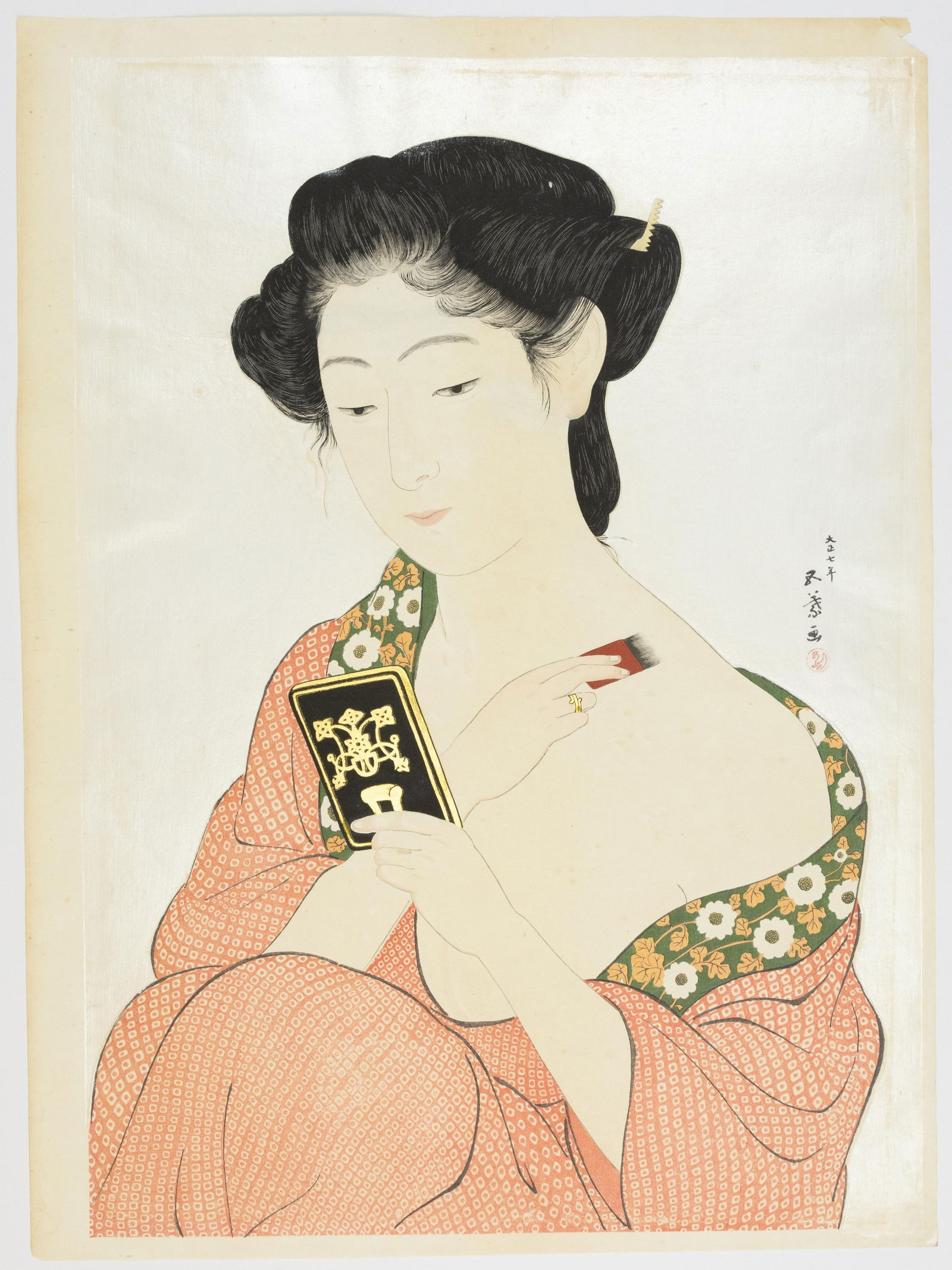 Goyo Hashiguchi, Woman Applying Make-up, Shin-Hanga: Artist: Goyo Hashiguchi (1880-1921) Title: Woman Applying Make-up Date: Mid 20th century (originally published in 1918) Size: 39.4 x 53.5 cm Condition: Slightly discoloured, stains, creases, light fox