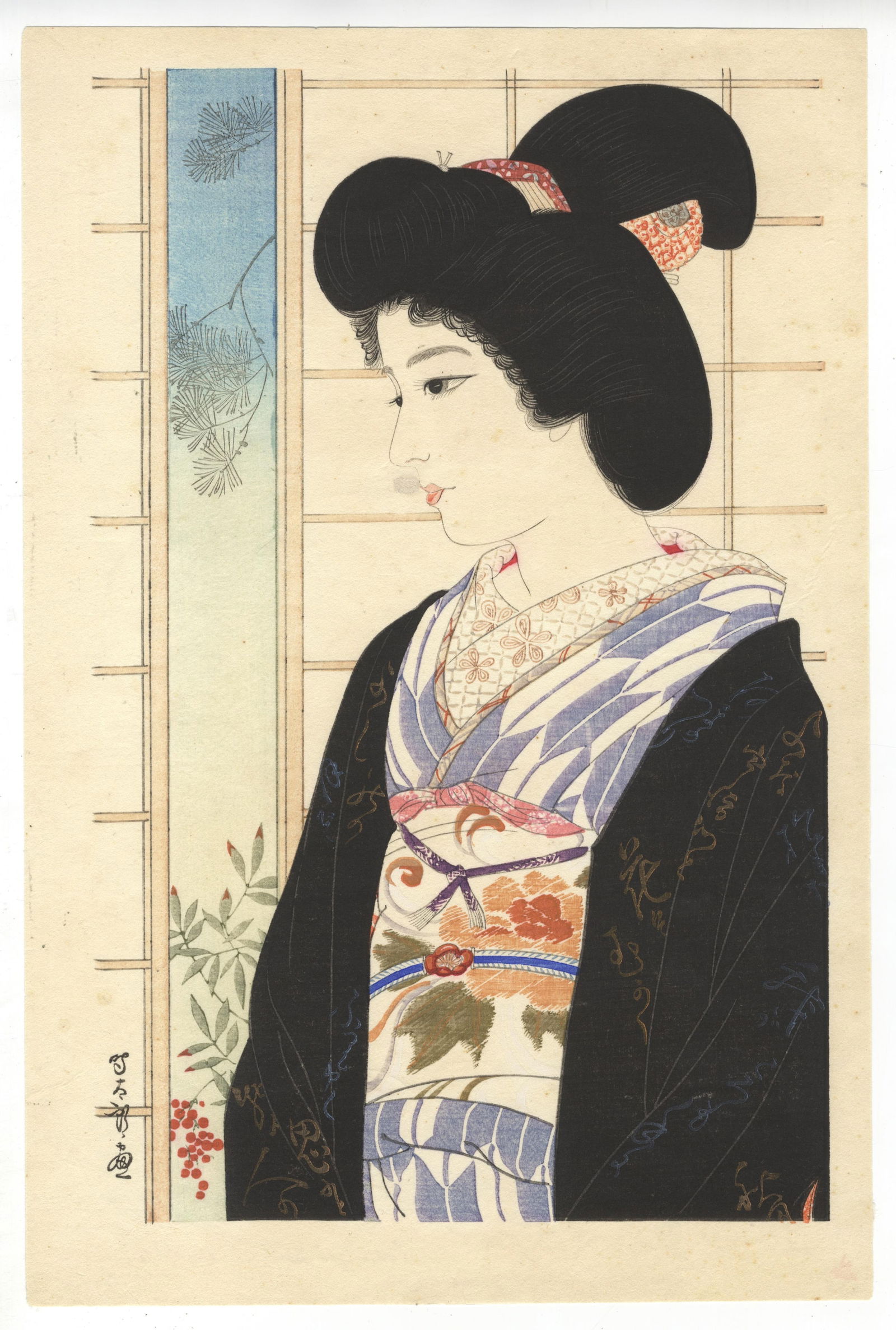 Sentaro Iwata, Young Matron, Bijin-ga, Shin-Hanga: Artist: Sentaro Iwata (1901-1974) Title: Young Matron Date: c.1930s Size: 24.5 x 36.8 cm Condition: Minor spots and foxing. Restored small hole in the middle. Sentaro Iwata was born in Asakusa distric