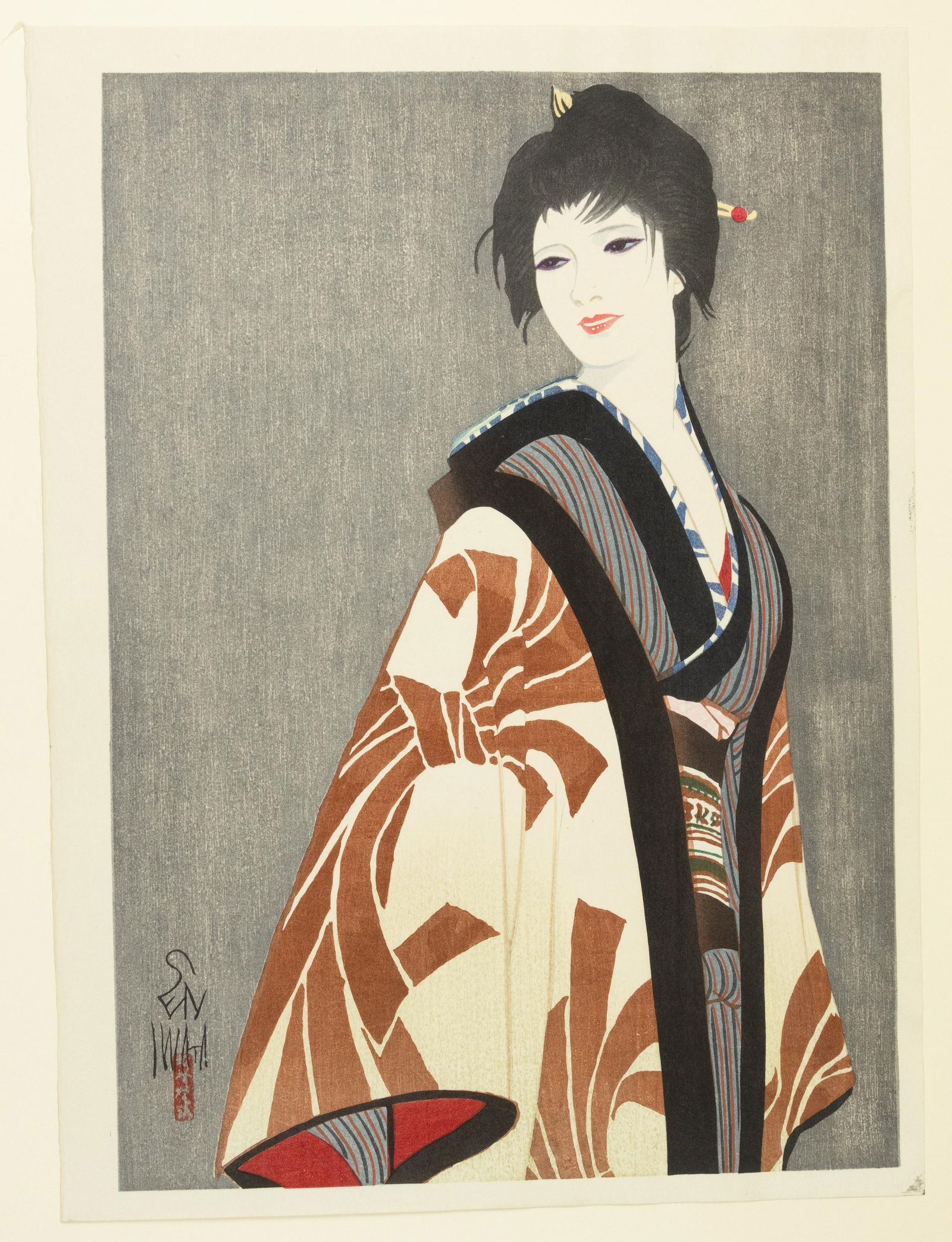 Sentaro Iwata, Flow of Stars, Modern Beauty Print: Artist: Sentaro Iwata (1901-1974) Title: Flow of Stars Series: Selected Masterpieces of Beauties in Woodblock Prints Date: 1976 Size: 41.7 x 31.5 cm Condition: Good for age, light creases in right mar