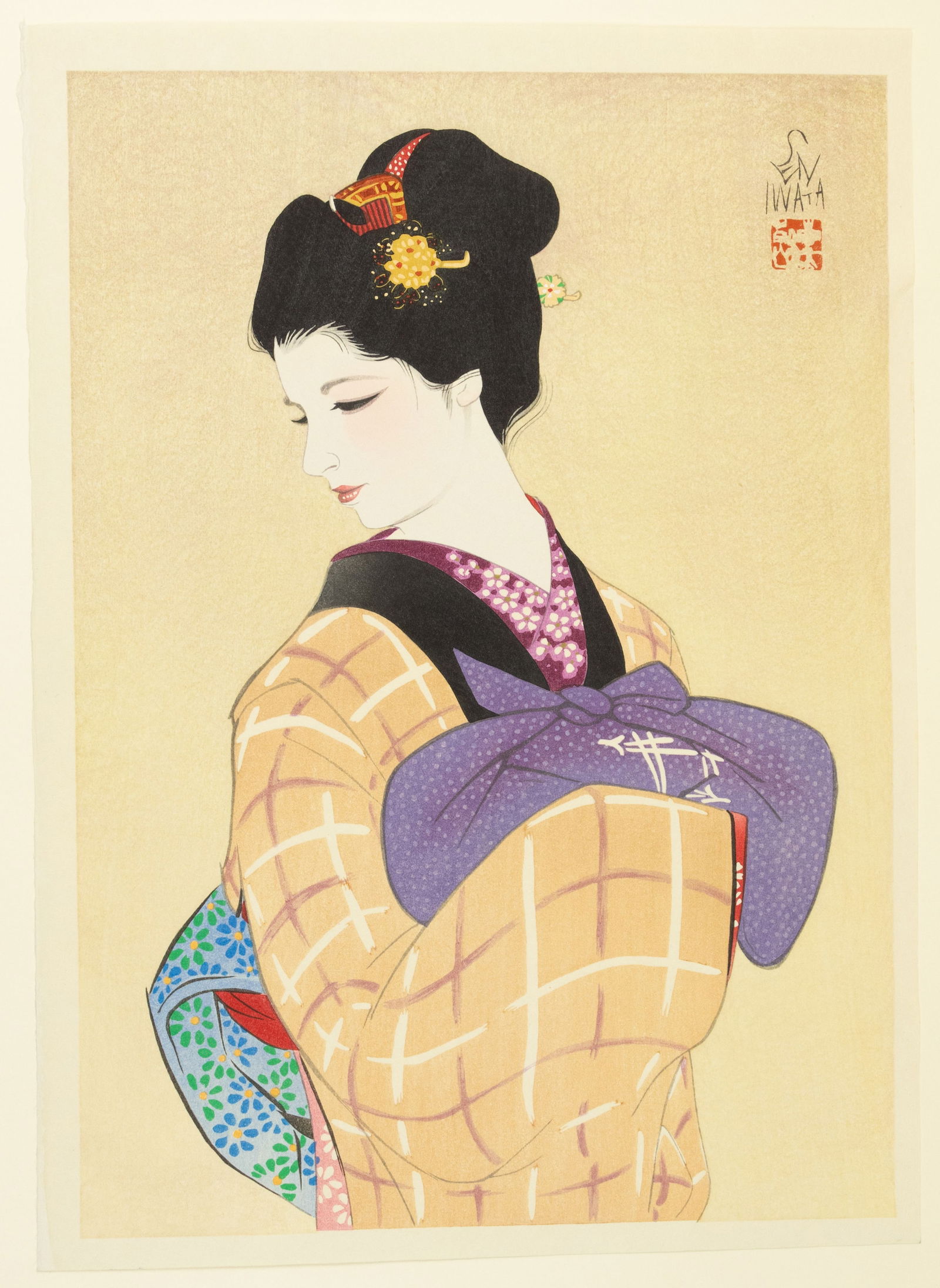 Sentaro Iwata, Returning From Practice, Shin-Hanga Beauty: Artist: Sentaro Iwata (1901-1974) Title: Returning From Practice Series: Selected Masterpieces of Beauties in Woodblock Prints Date: 1976 Size: 42.0 x 30.5 cm Condition: Good for age, light creases in