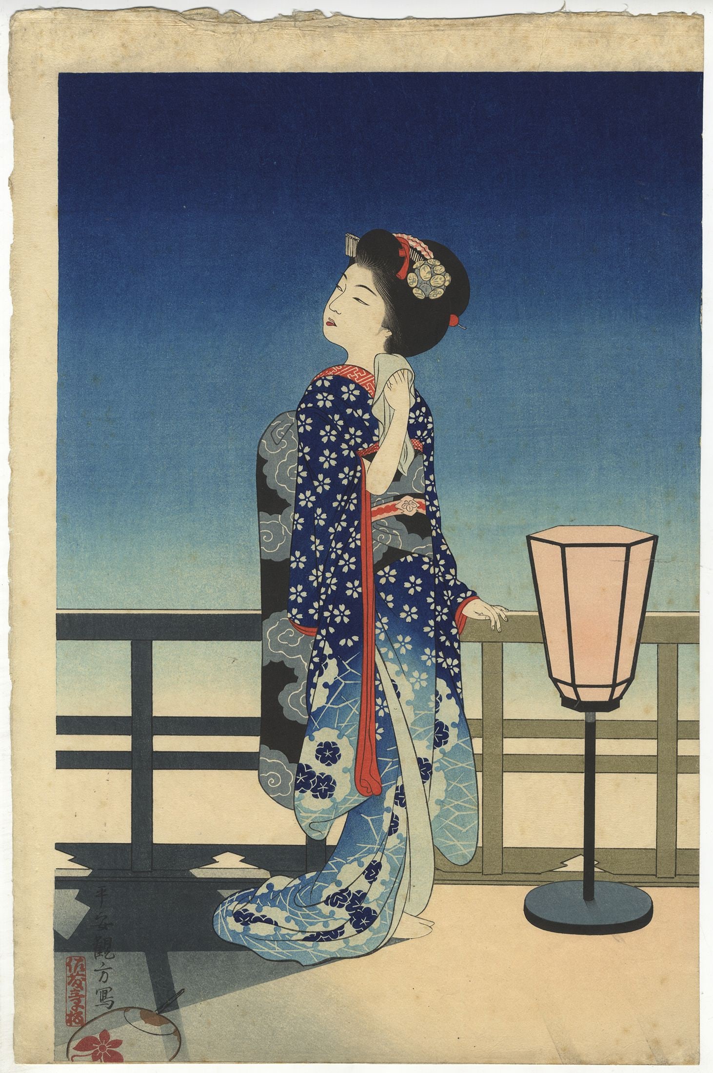 Yoshikawa Kanpo, Maiko Admiring the Moon, Shin-Hanga (1 of 2)
