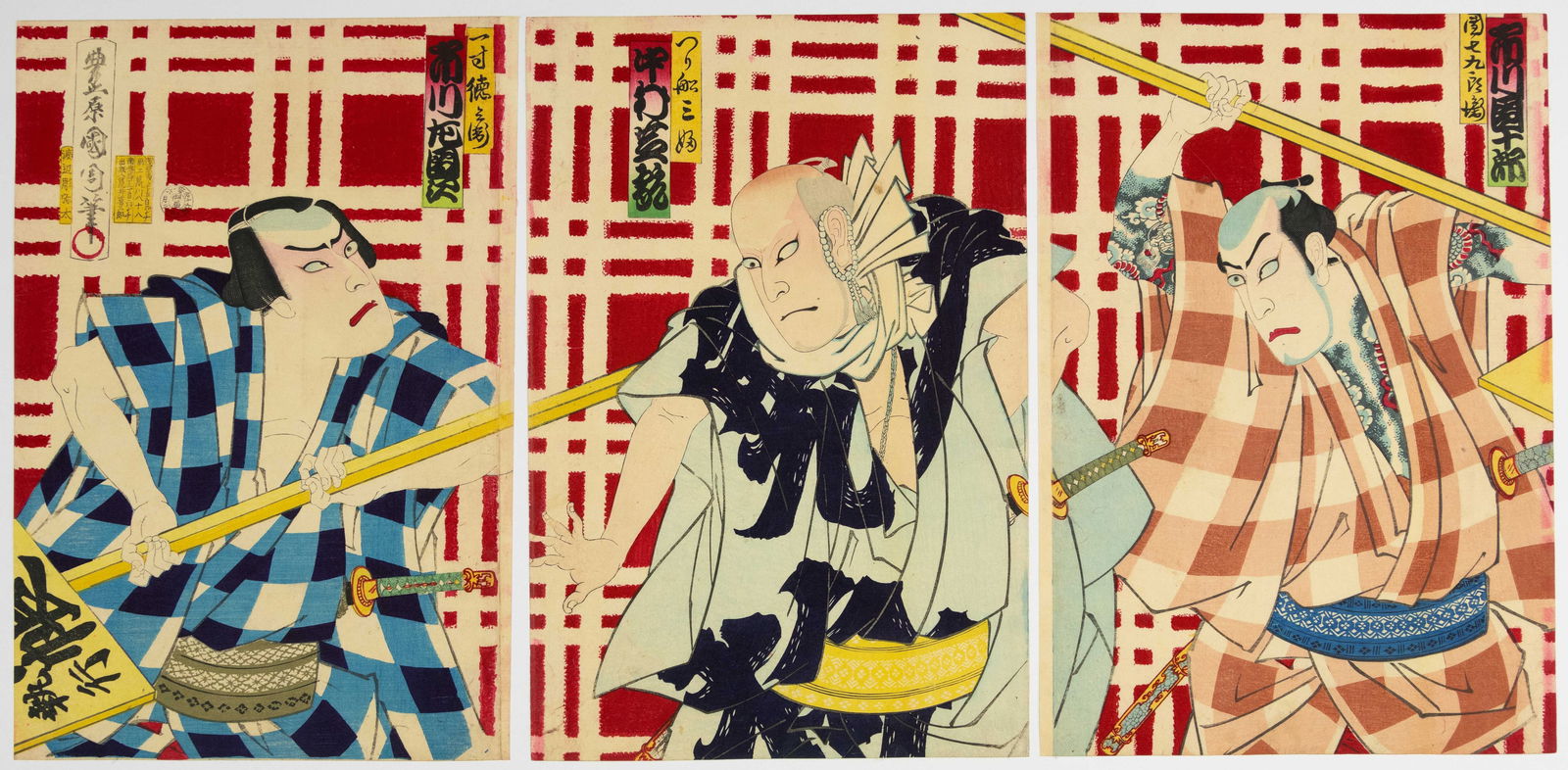 Kunichika Toyohara, Yakusha-e, Summer Festival, Japanese Print: Artist: Kunichika Toyohara (1835-1900) Title: Kabuki Play: Summer Festival in Osaka Mirror Publisher: Arai Kizaburo Date: 1883 Size: (L) 35.3 x 23.9, (C) 35.4 x 23.7, (R) 35.4 x 24.6 cm Condition: Sli