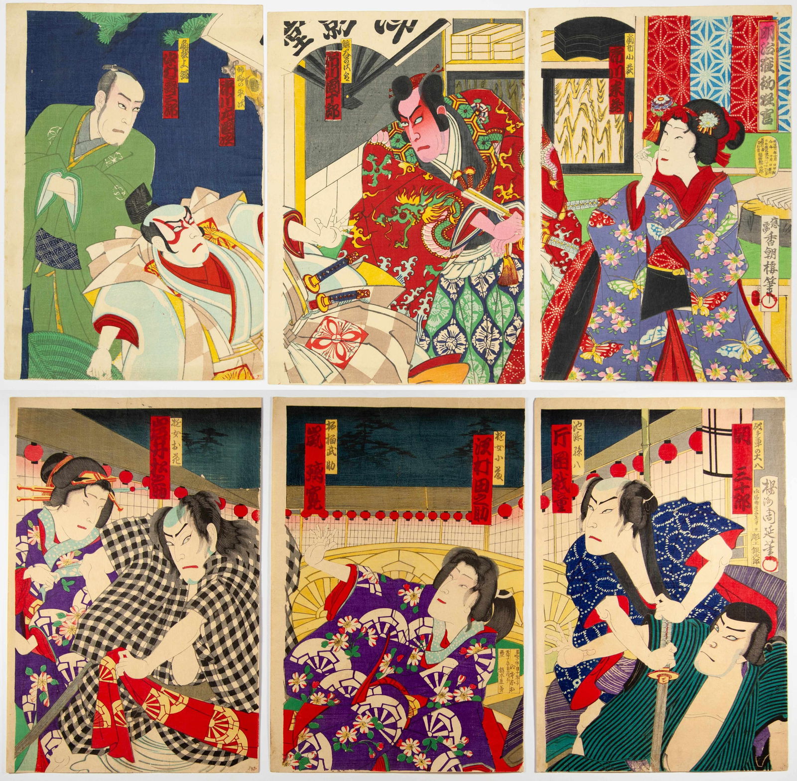 Set of 2 Kabuki Theatre Triptychs, Chikanobu and Kunichika (1 of 5)