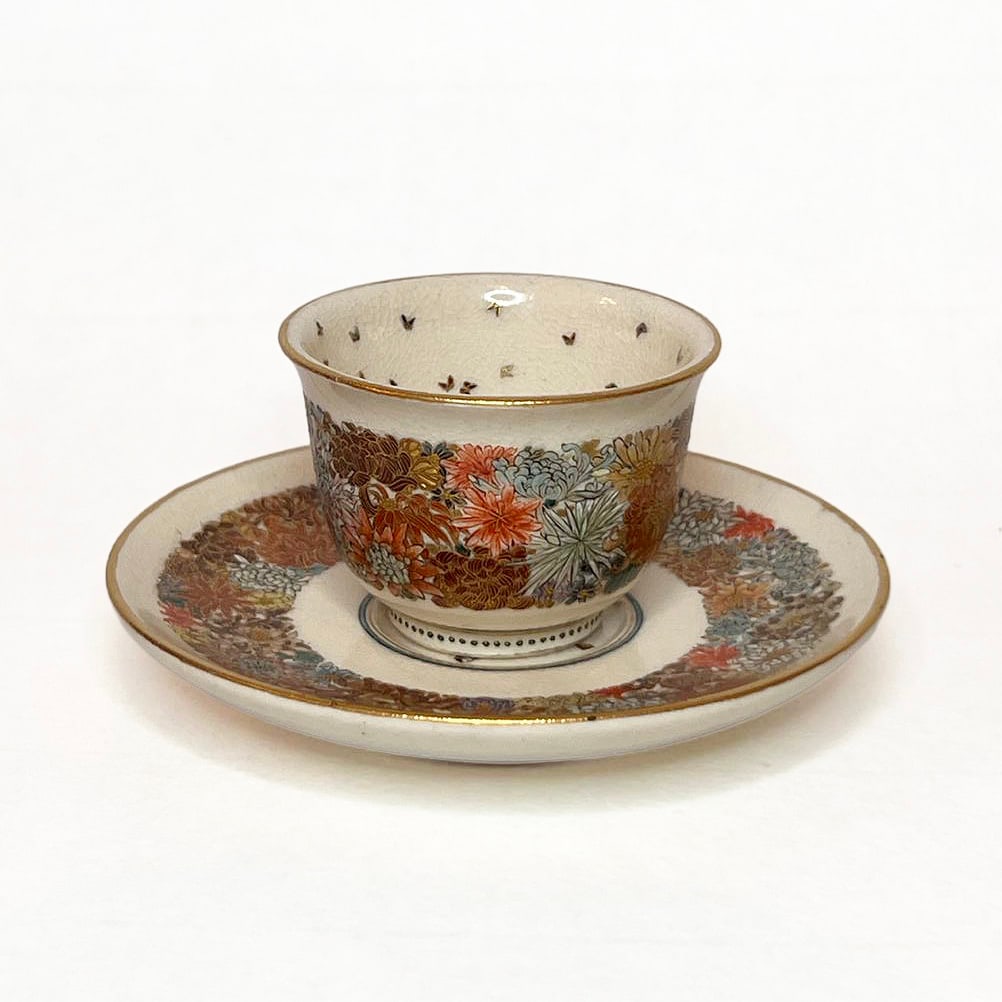 Yabu Meizan, Satsuma Cup and Saucer, Butterflies, 20th-century: 20th-century Satsuma Cup and Saucer with design of butterflies and chrysanthemums Artist: Yabu Meizan Size: Cup: (H) 3.5 x (W) 4.9 cm, Saucer: (H) 1.5 (W) 8.7 cm Condition: Good for age. Ref: JG092522