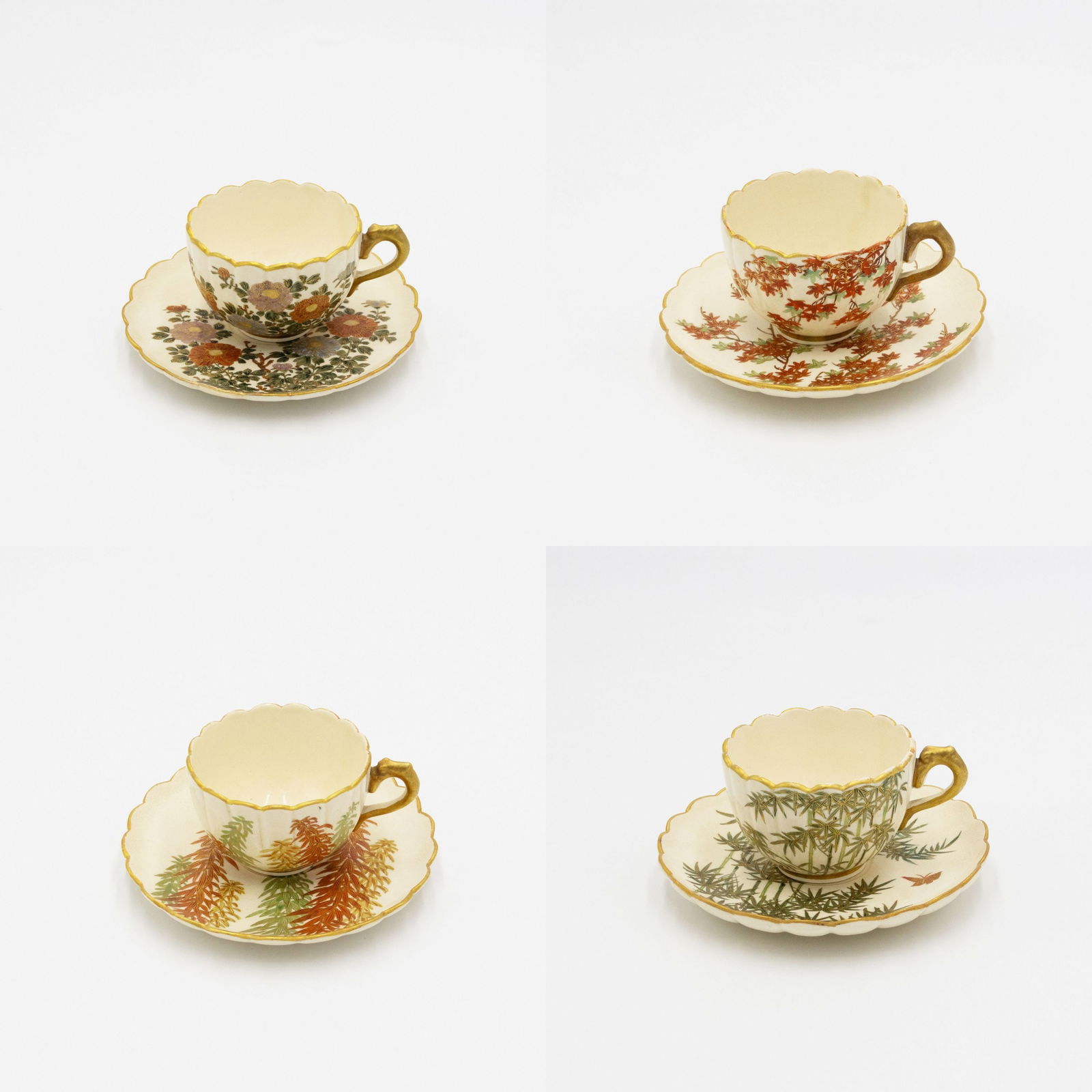 Set of 4 Satsuma Cup and Saucers signed Kinkouzan, 19th-Century: Set of 4: Item 1: Late 19th century Satsuma Cup and Saucer Set with Flower Design Signed Kinkouzan Size: Saucer (approx.) 1.5 x 12.7 cm, Cup (approx.) 4.5 x 9.1 x 7.3 cm Condition: Some gilt wear. Ref