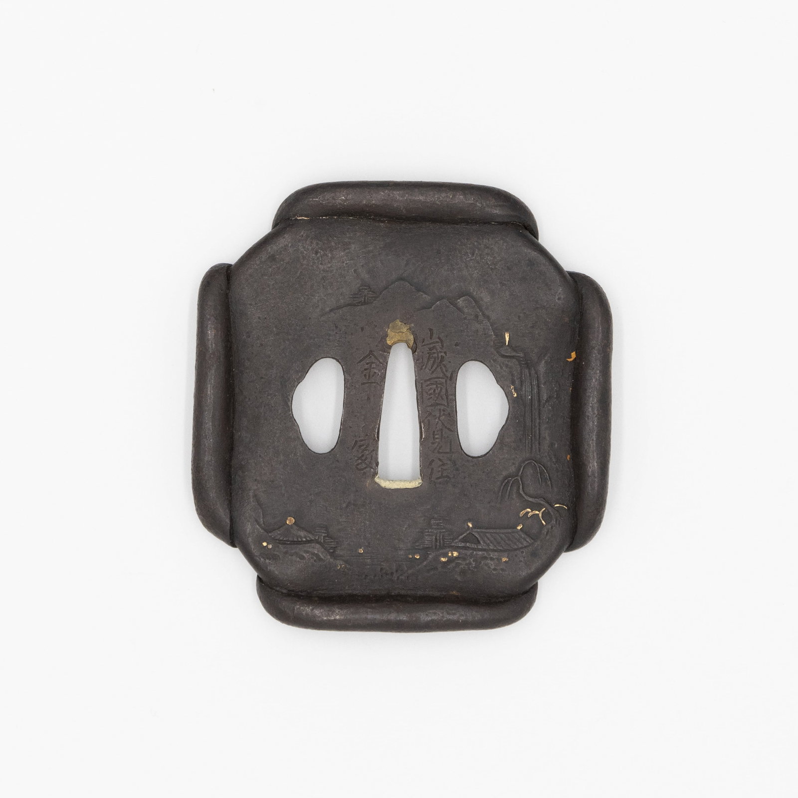 Iron Tsuba, Landscape Design and Copper Inlay, Signed Kaneie: Iron Tsuba with Landscape Design and Copper Inlay Signed: Yamashiro no Kuni Fushimi-ju Kaneie Date: 19th century Size: 8.9 x 8.3 x 1.1 cm, (C) 2.7 x 0.8 cm Condition: Good for age. Ref: JG052650