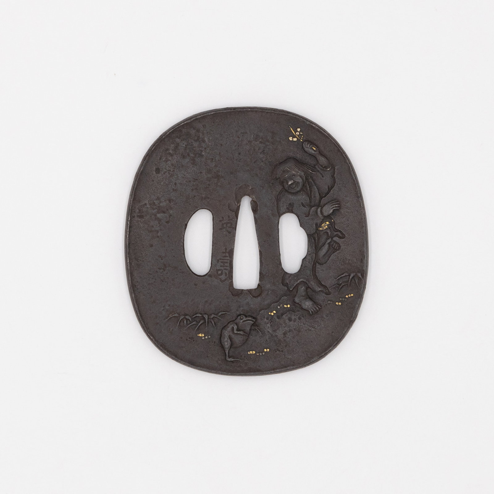 Iron Tsuba, Man and Frog Design, Signed Hidetoshi (1 of 2)