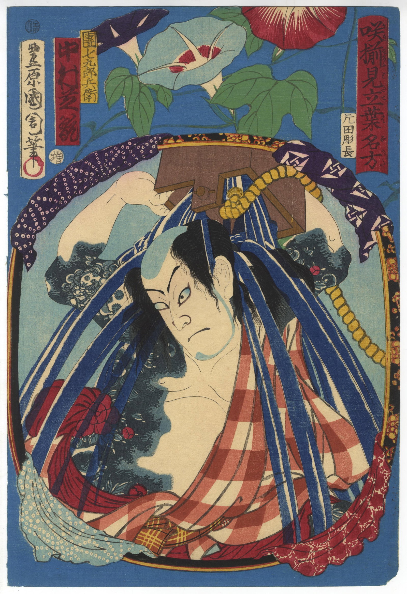 Kunichika, Actor Nakamura Shikan IV, Meiji Irezumi-e: Artist: Kunichika Toyohara (1835-1900) Title: Actor Nakamura Shikan IV as Danshichi Kurobei Series title: Collection of Star Actors seen as Flowers Publisher: Masudaya Ginjiro Date: 1872 Size: 35.5 x 