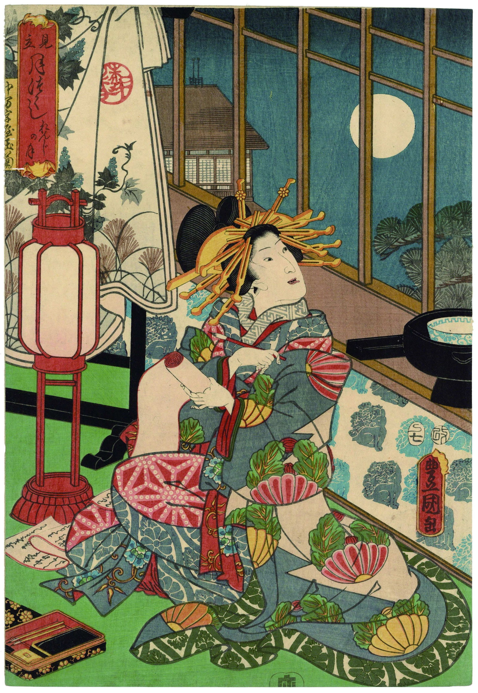 Toyokuni III, Courtesan Tamagiku of Nakamanji-ya, Moon: Artist: Toyokuni III Utagawa (1786-1865) Title: Courtesan Tamagiku of Nakamanji-ya Series: Parody of Scenes in Moonlight Publisher: Hayashiya Shogoro Date: 1857 Size: 35.5 x 24.3 cm Condition: Trimmed