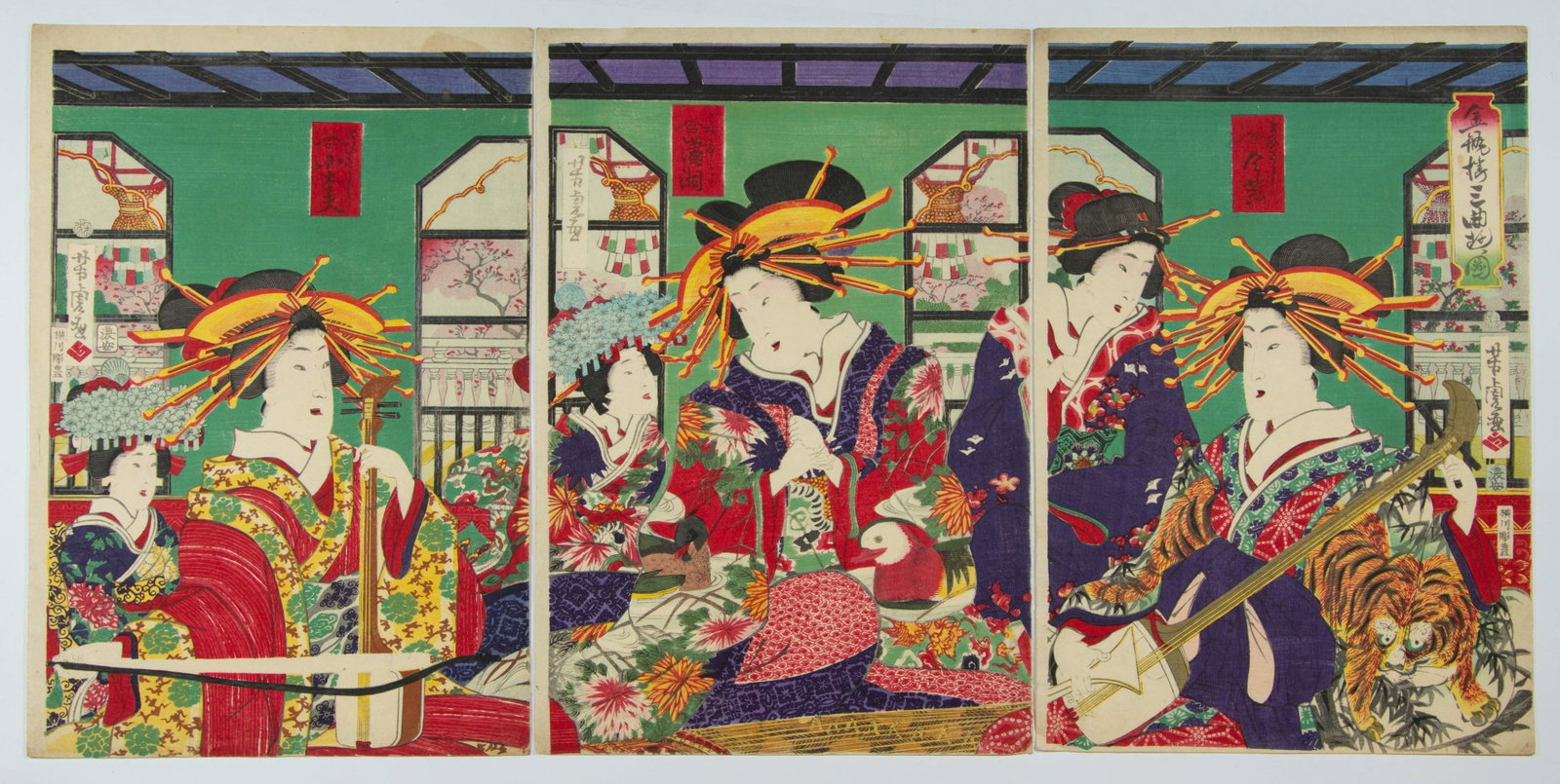 Yoshitora Utagawa, Courtesans Trio Playing, Meiji Print (1 of 2)