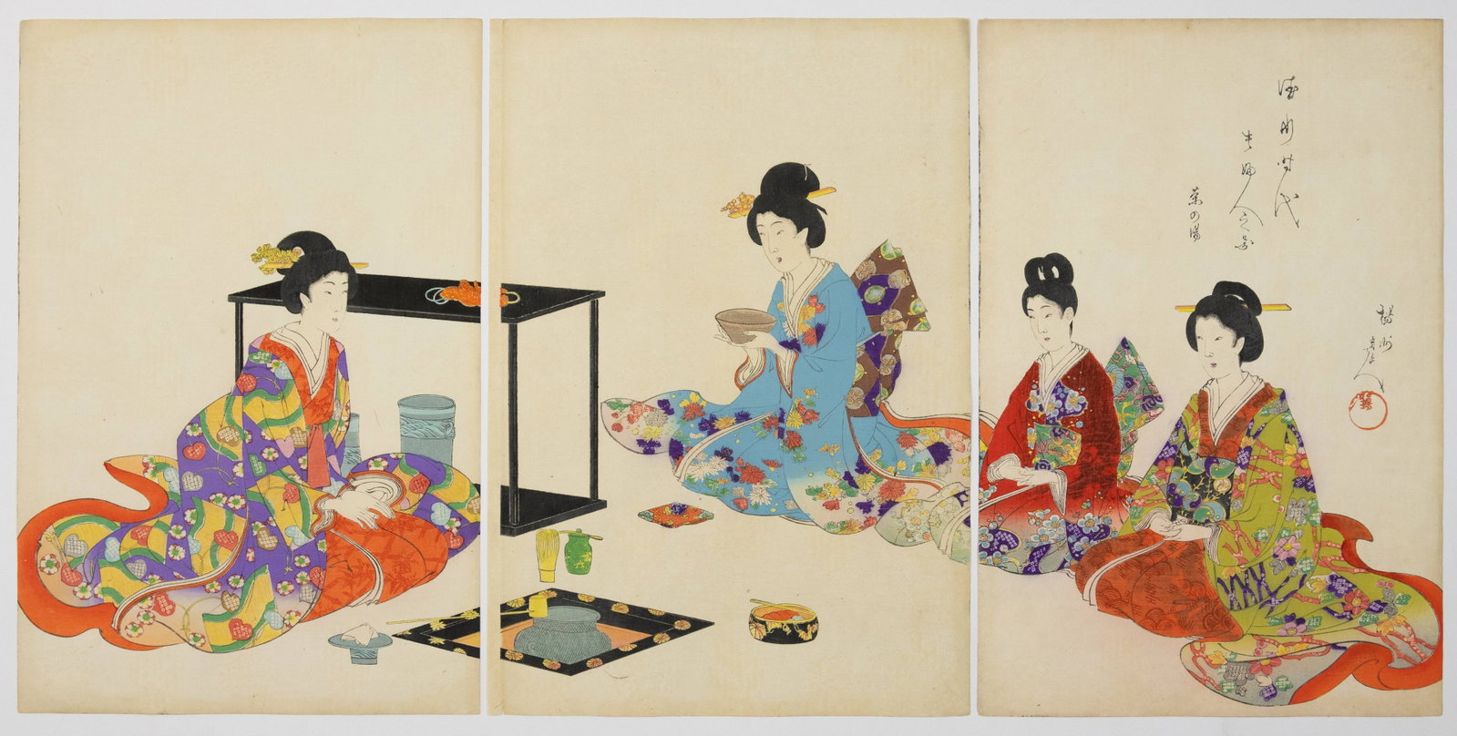 Chikanobu Yoshu, Tea Ceremony, Tokugawa Era, Bijin-ga: Artist: Chikanobu Yoshu (1838-1912) Title: Tea Ceremony Series: High-ranking Ladies of the Tokugawa Era Publisher: Hasegawa Tsunejiro Date: 1895-1898 Size: (L) 35.5 x 23.8, (C) 35.5 x 24.6, (R) 35.5 x