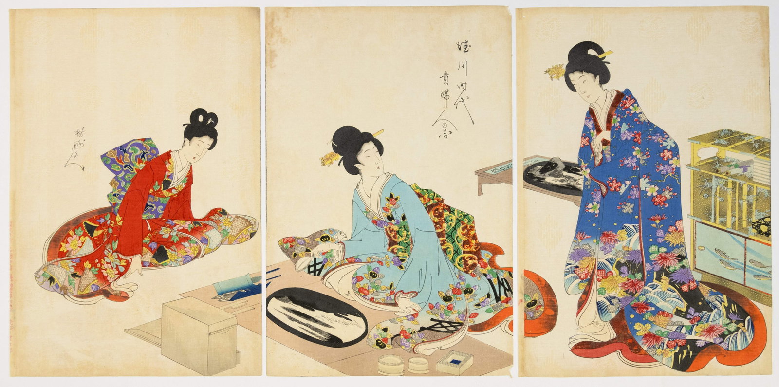 Chikanobu, Making a Small Garden, Tokugawa Era: Artist: Chikanobu Yoshu (1838-1912) Title: Making a Small Garden Series: High-ranking Ladies of the Tokugawa Era Publisher: Hasegawa Tsunejiro Date: 1895-1898 Size: (L) 25.6 x 17.6, (C) 25.7 x 17.2, (