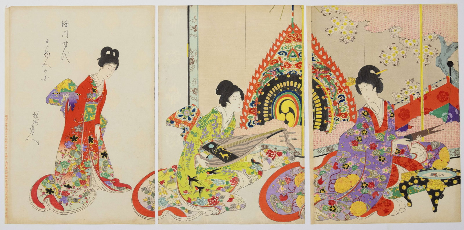Chikanobu Yoshu, Musical Ensemble, Tokugawa Era: Artist: Chikanobu Yoshu (1838-1912) Title: The Musical Ensemble Series: High-Ranking Ladies of the Tokugawa Era Publisher: Hasegawa Tsunejiro Date: 1997 Size: (L) 35.6 x 24.5, (C) 35.6 x 23.8, (R) 35.
