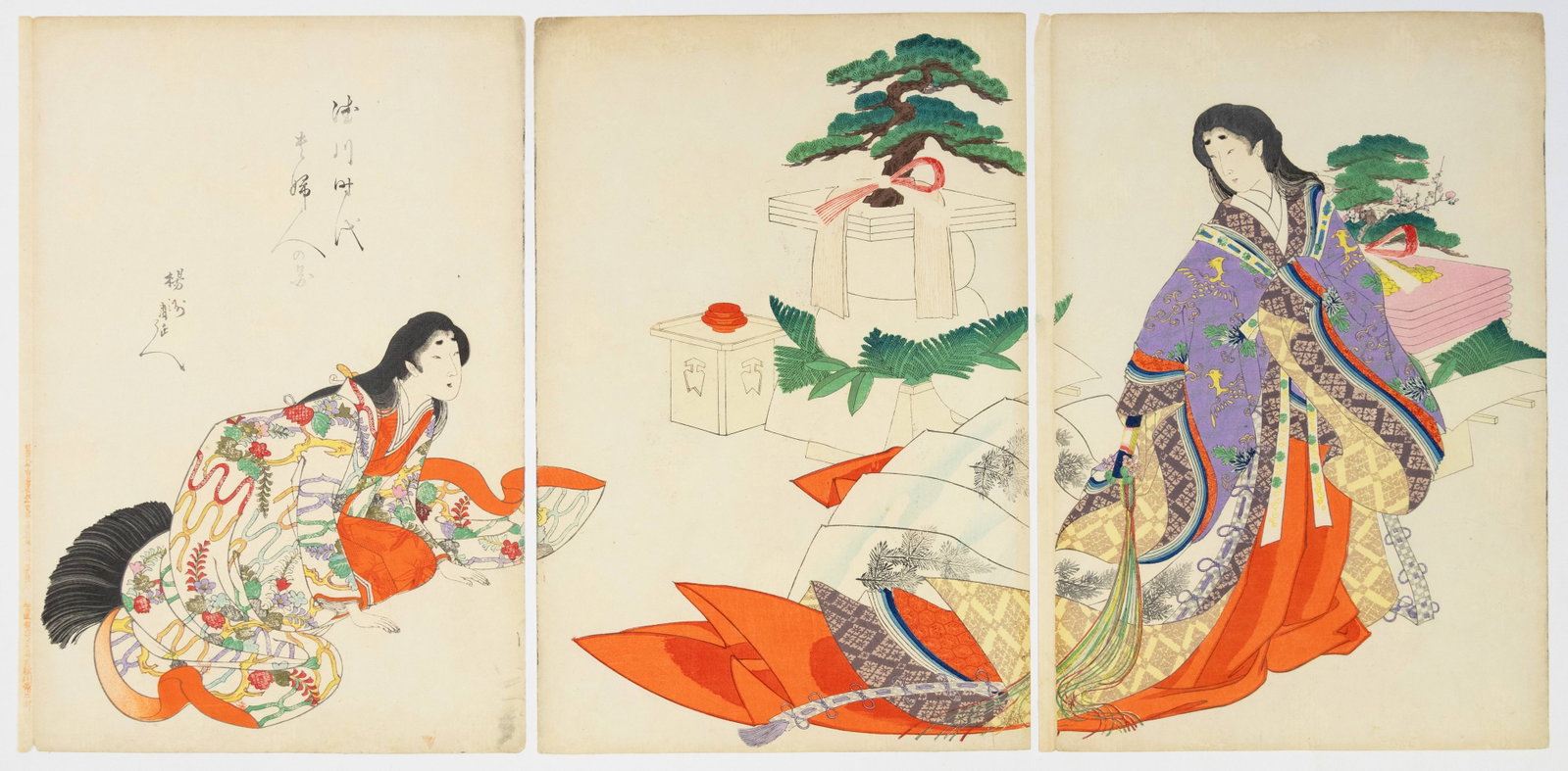 Chikanobu Yoshu, New Years Day, Japanese Art: Artist: Chikanobu Yoshu (1838-1912) Title: New Years Day Series: High-Ranking Ladies of the Tokugawa Era Publisher: Hasegawa Tsunejiro Date: 1895 Size: (L) 35.6 x 24.6, (C) 35.5 x 23.7, (R) 35.6 x 24.