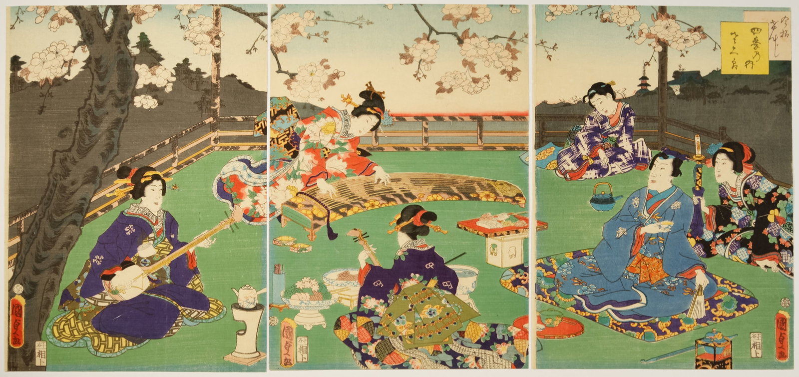 Kunisada II, Four Seasons, Cherry Blossoms, Genji-e: Artist: Kunisada II Utagawa (1823-1880) Title: Four Seasons; Cherry Blossoms Series title: Genji in the Modern Style Publisher: Sagamiya Tokichi Date: 1861 Size: (L) 34.0 x 24.5, (C) 34.0 x 24.0, (R) 
