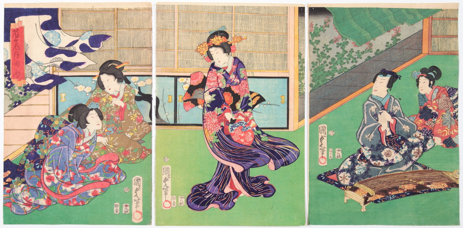 Kunisada II, Wind from Kachofugetsu, Beauty of Nature, Genji: Artist: Kunisada II Utagawa (1823-1880) Title: Fu (wind), from Kachofugetsu, The Beauty of Nature Publisher: Maruya Tetsujiro Date: 1864 Size: (L) 36.3 x 24.1 (C) 36.0 x 24.5 (R) 36.2 x 24.6 cm Condit