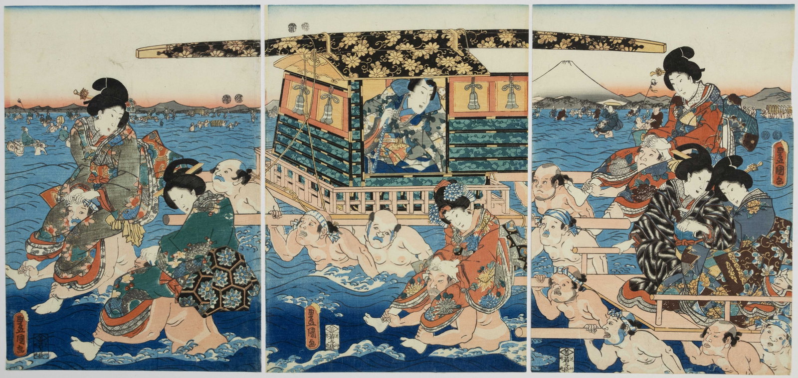 Toyokuni III, Genji Fording the River Oi, Mount Fuji (1 of 4)