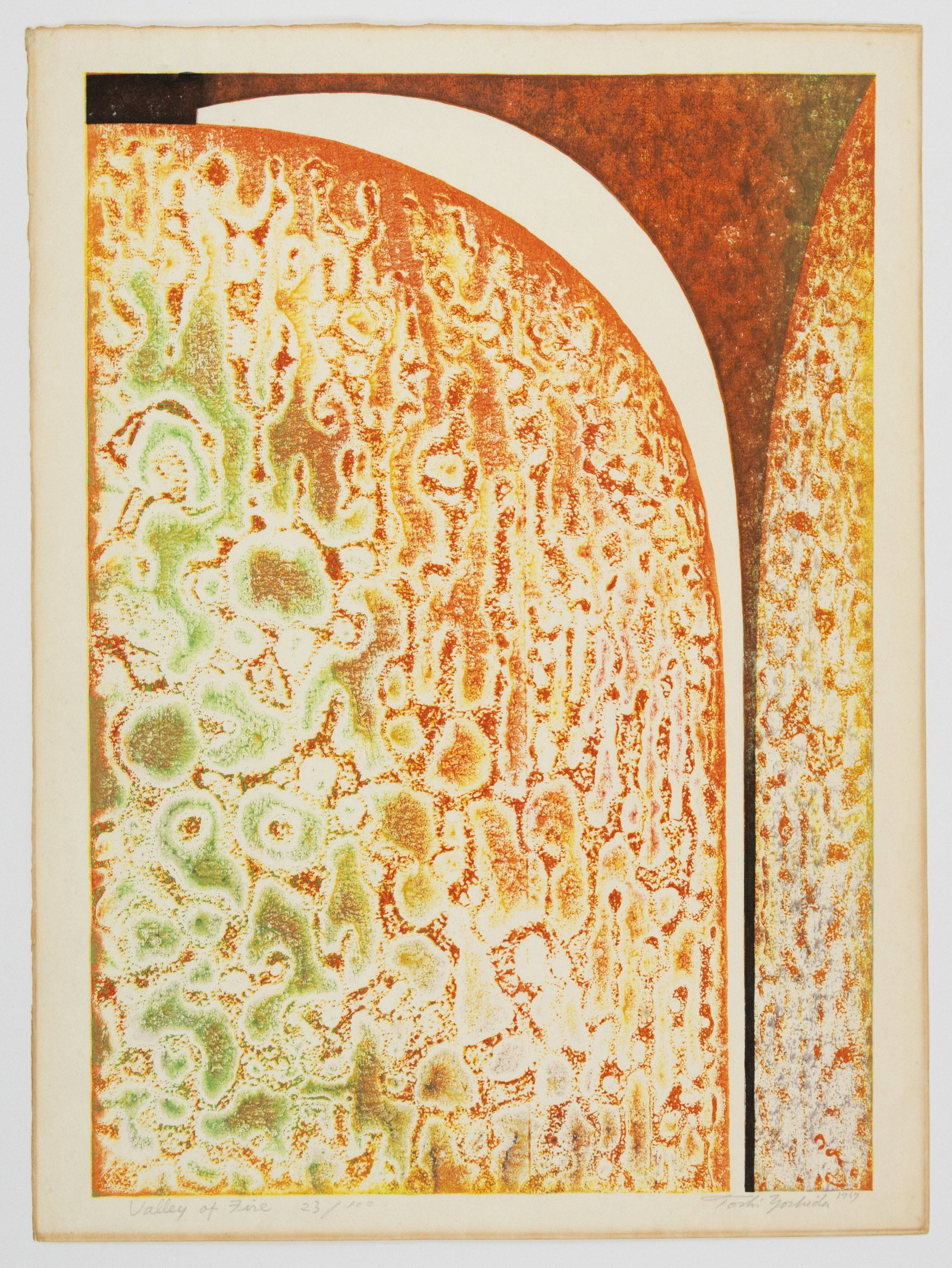Toshi Yoshida, Valley of Fire (Edition 23/100), Sosaku-Hanga: Artist: Toshi Yoshida (1911-1995) Title: Valley of Fire (edition: 23/100) Date: 1967 Size: 61 x 45.2 cm Condition: Pencil Signature, Frame marks and very minor foxing in margins. Toshi Yoshida was an 