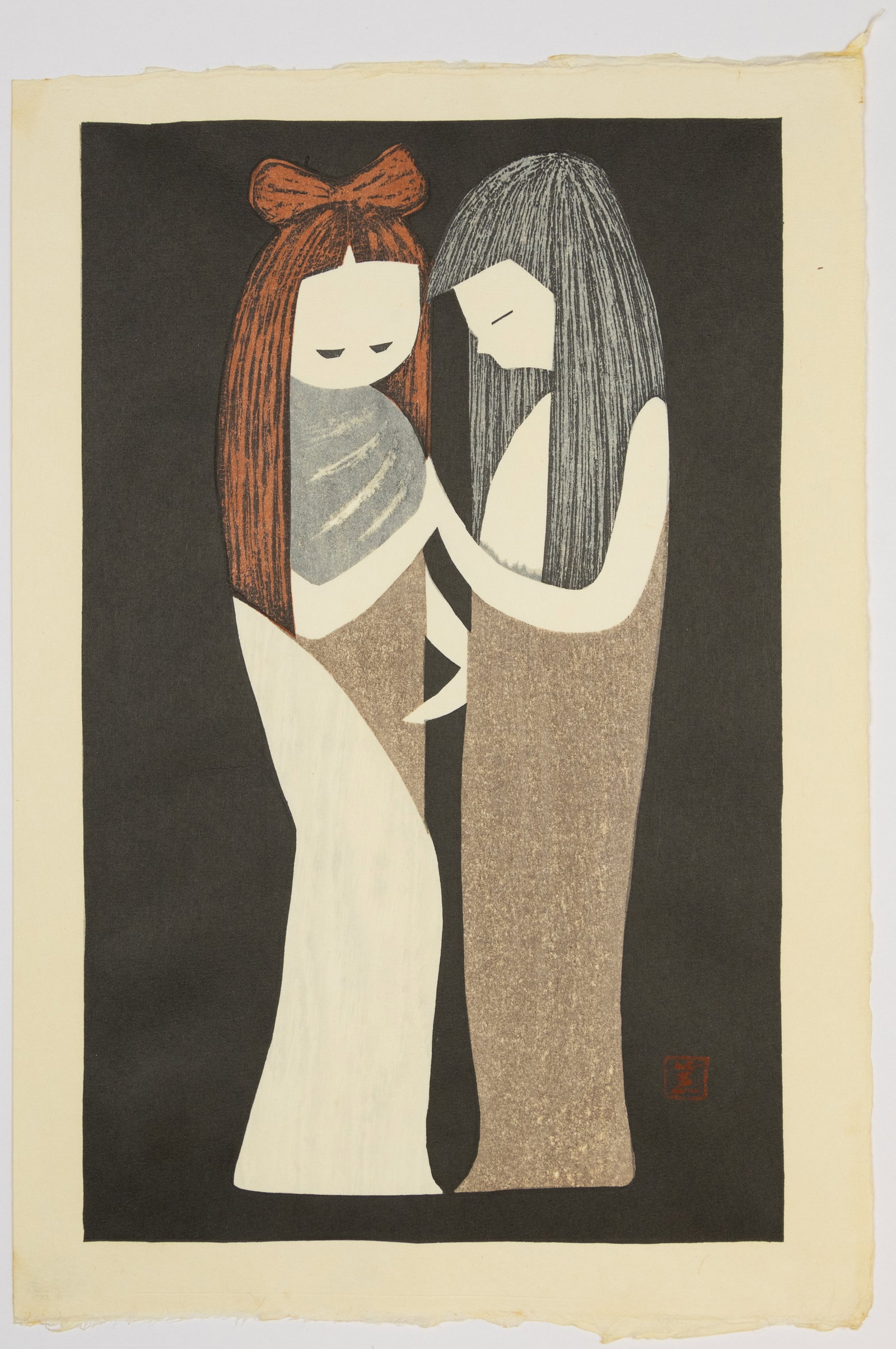Kaoru Kawano, Two Girls, Sosaku-Hanga: Artist: Kaoru Kawano (1916-1965) Title: Two Girls Date: c.1950 Size: 42.5 x 28.5 cm Condition: Light foxing and glue stains on back. Ref: JG0924YA05