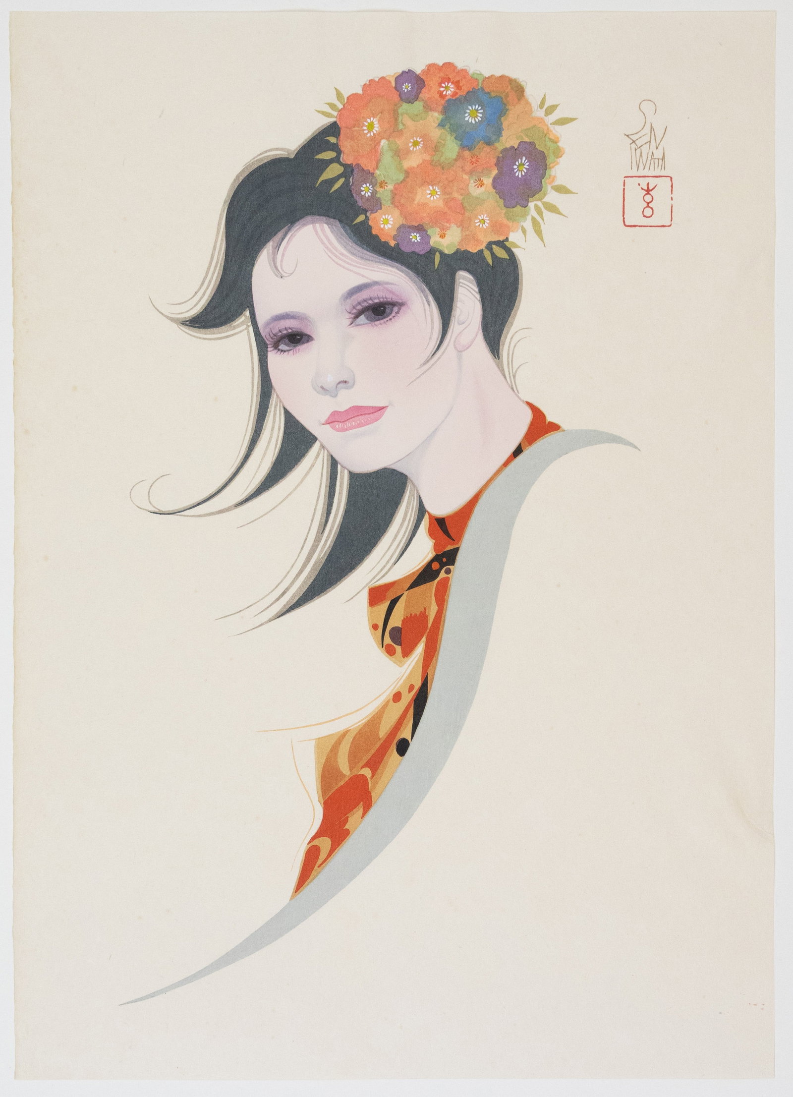 Sentaro Iwata, Early Spring, Beauties in Woodblock Prints: Artist: Sentaro Iwata (1901-1974) Title: Early Spring Series: Selected Masterpieces of Beauties in Woodblock Prints Date: 1976 Size: 42.2 x 30.2 cm Condition: Faint spots, small crease in right margin
