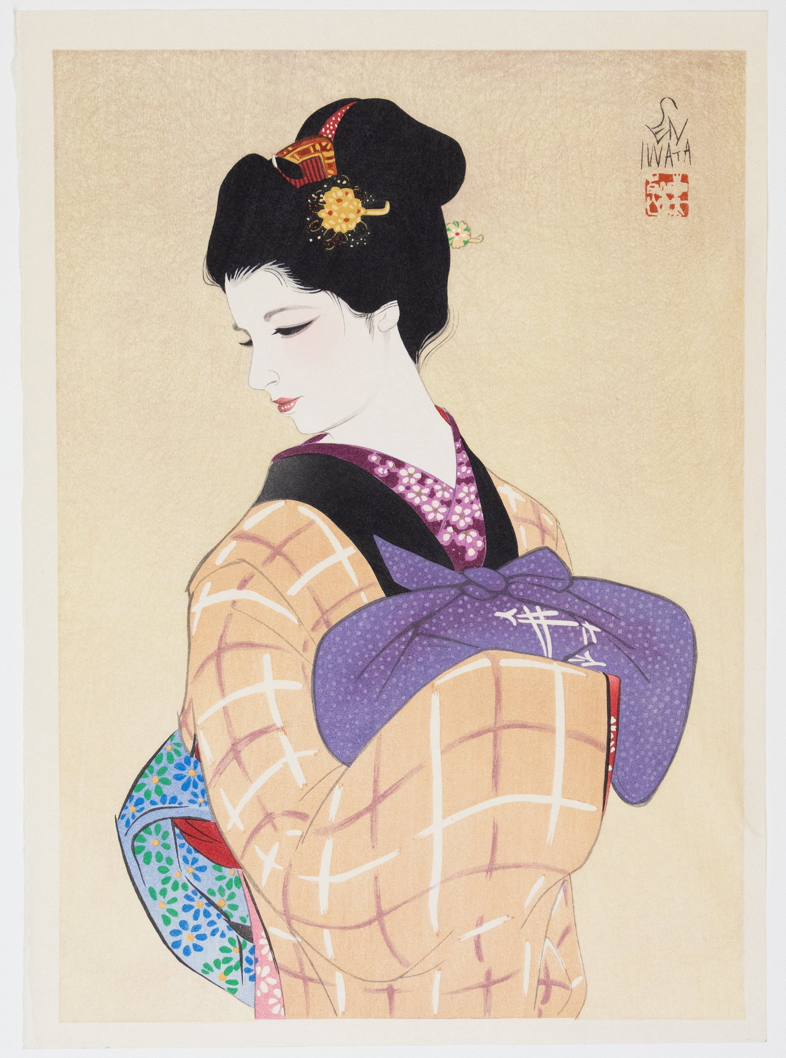 Sentaro Iwata, Returning From Practice, Beauty Print: Artist: Sentaro Iwata (1901-1974) Title: Returning From Practice Series: Selected Masterpieces of Beauties in Woodblock Prints Date: 1976 Size: 42.0 x 30.5 cm Condition: Excellent. Ref: JG125NL03