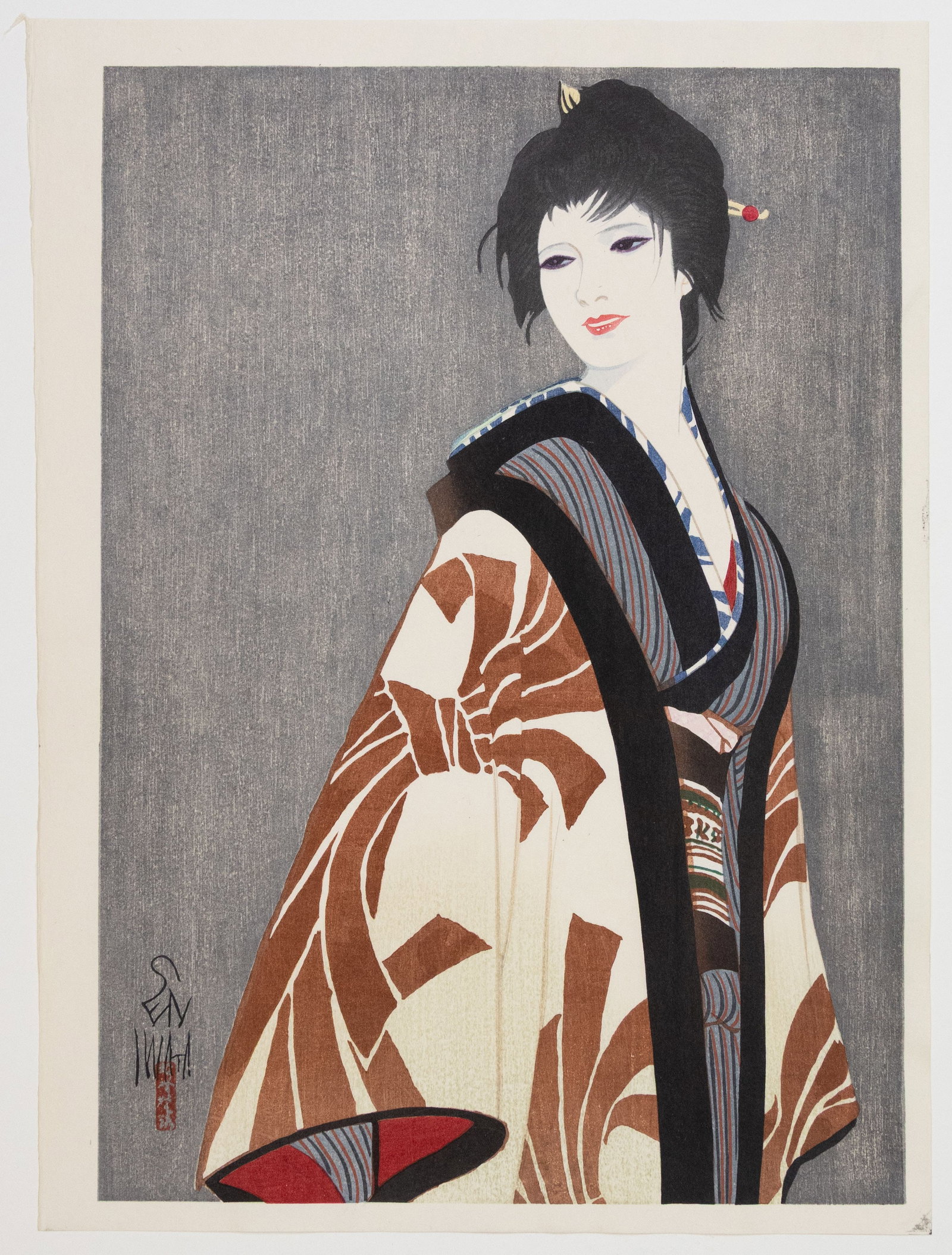 Sentaro Iwata, Flow of Stars, Shin-Hanga Beauty: Artist: Sentaro Iwata (1901-1974) Title: Flow of Stars Series: Selected Masterpieces of Beauties in Woodblock Prints Date: 1976 Size: 41.7 x 31.5 cm Condition: Good for age, light crease in right marg