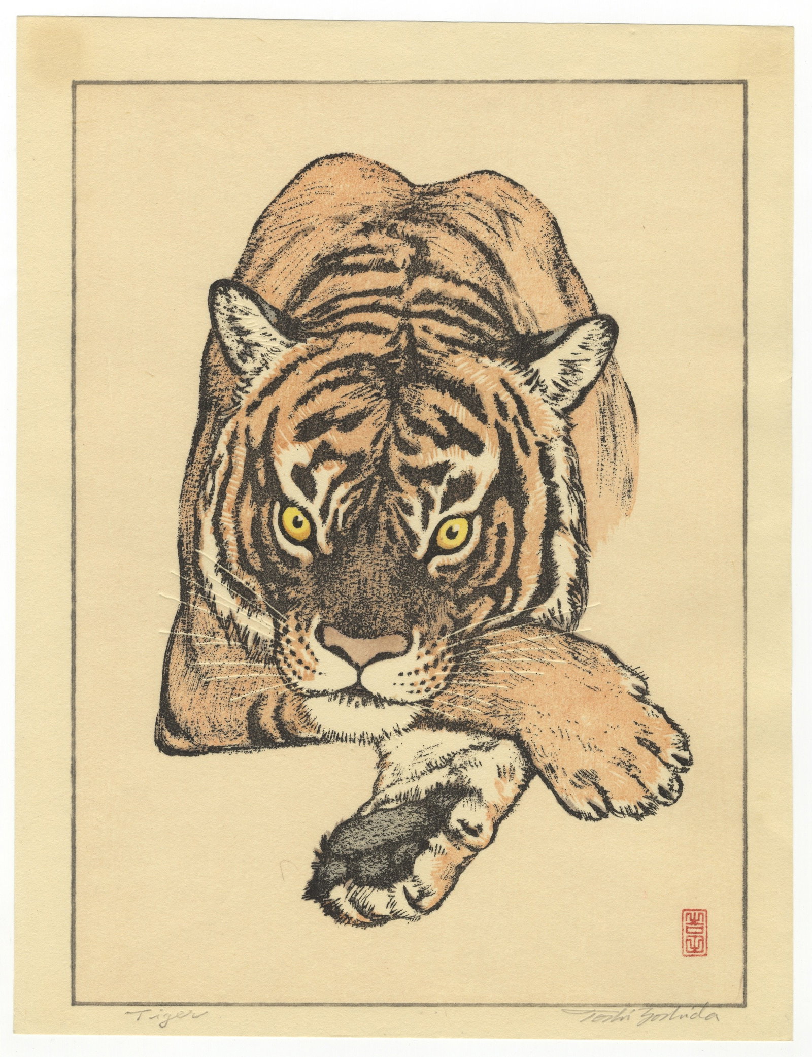 Toshi Yoshida, Tiger, Pencil Signature, Shin-Hanga: Artist: Toshi Yoshida (1911-1995) Title: Tiger Publisher: Yoshida Studio Date: 1987 Size: 28.9 x 22.1 cm Condition: Pencil signature, faint frame marks, excellent. Ref: JG0326NL18