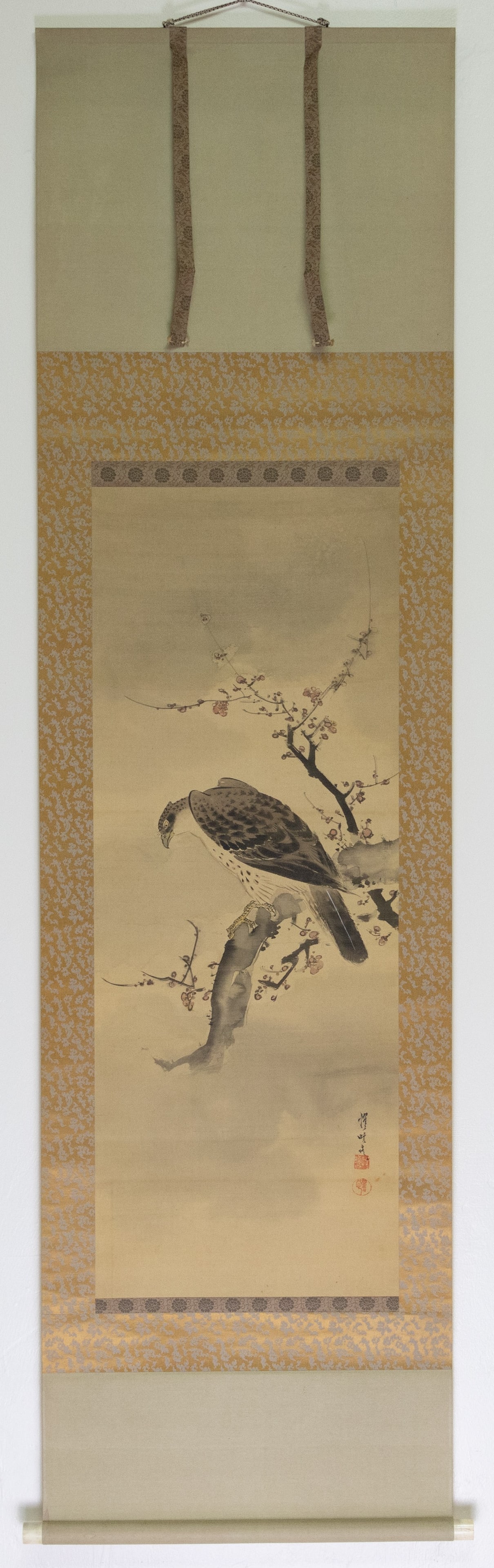 Kyosai Kawanabe, Hawk and Plum Tree, Hanging Scroll: Artist: Kyosai Kawanabe (1831-1889) Title: Hawk on the plum tree Date: 1868-1912 (Meiji era) Size: Overall: 190 x 51.9 cm, Image: 107 x 38.4 cm Condition: Some spots and creases, minor foxing. Ref: JG