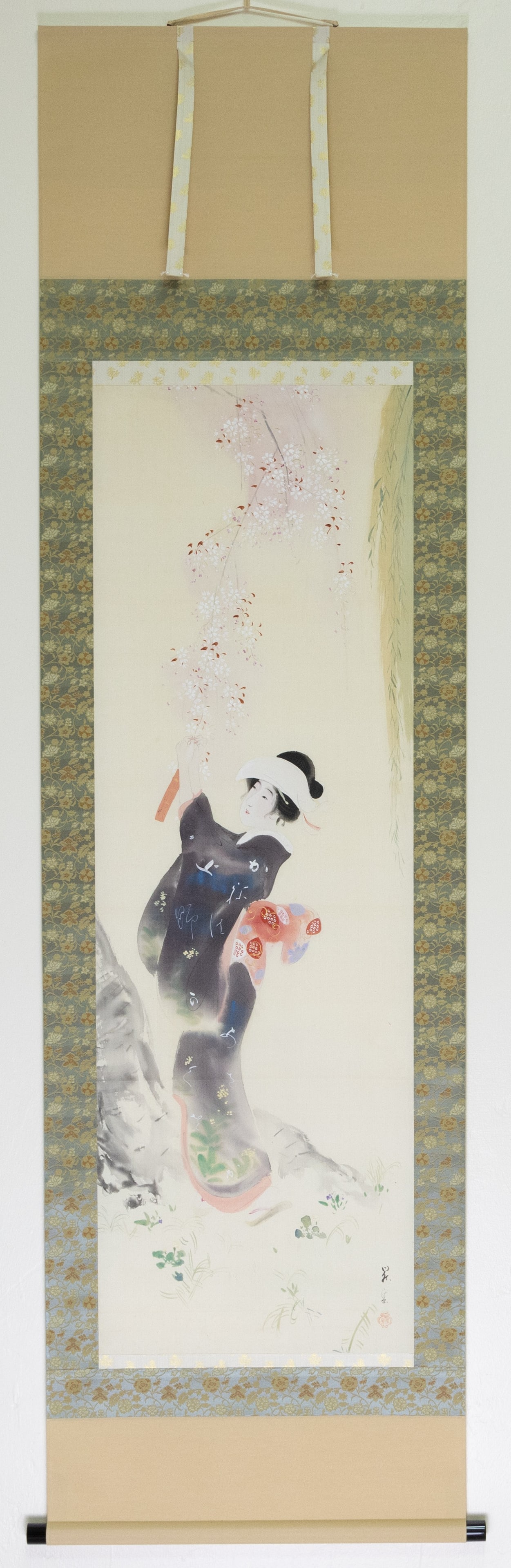 Sho'un Yamamoto, Young Lady and Cherry Blossoms: Artist: Sho'un Yamamoto (1870-1965) Title: Young Lady and Cherry Blossoms Date: early 20th century Size: Overall: 194.1 x 54.1 cm, Image: 129.1 x 40.6 cm Condition: Minor foxing, good for age. Ref: JG